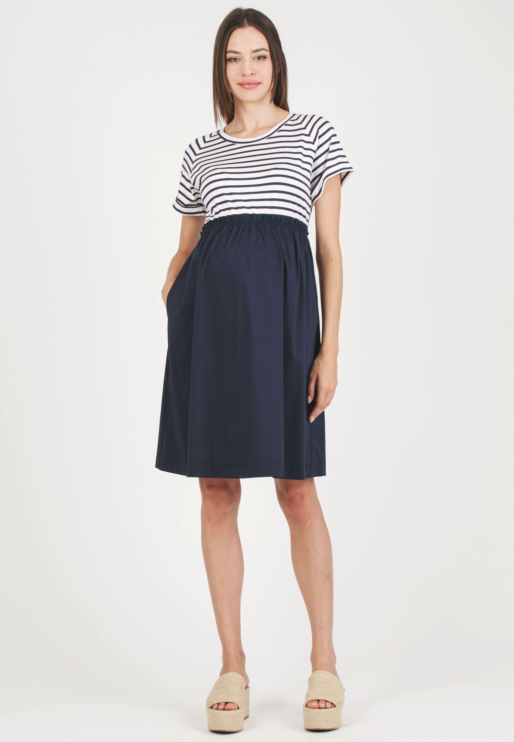 CRISTINA R - Abito Premaman con Corpino in Jersey a Righe e Gonna in Cotone (Blu, XS)