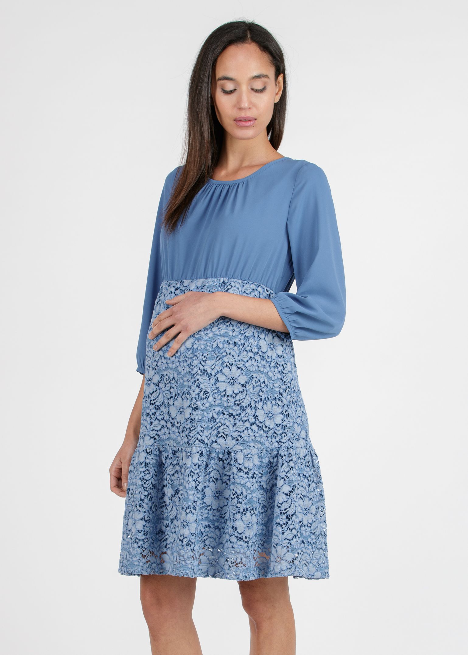 A-line Maternity Dress in Chiffon and Lace with Flounce (Blue, XS)