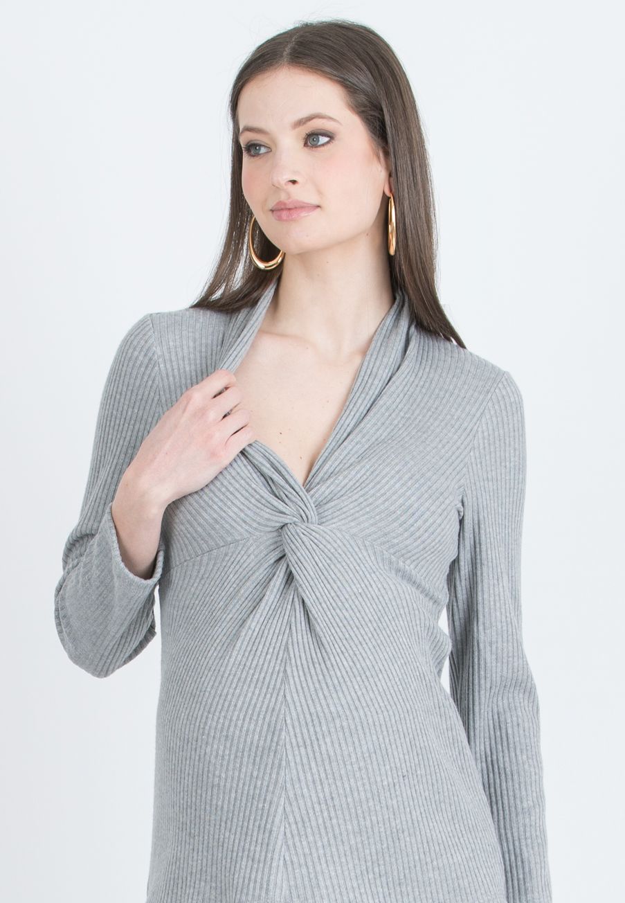 ISSA M – Maternity & Nursing Ribbed Knit Top with Knot Detail (Grigio Chiaro)