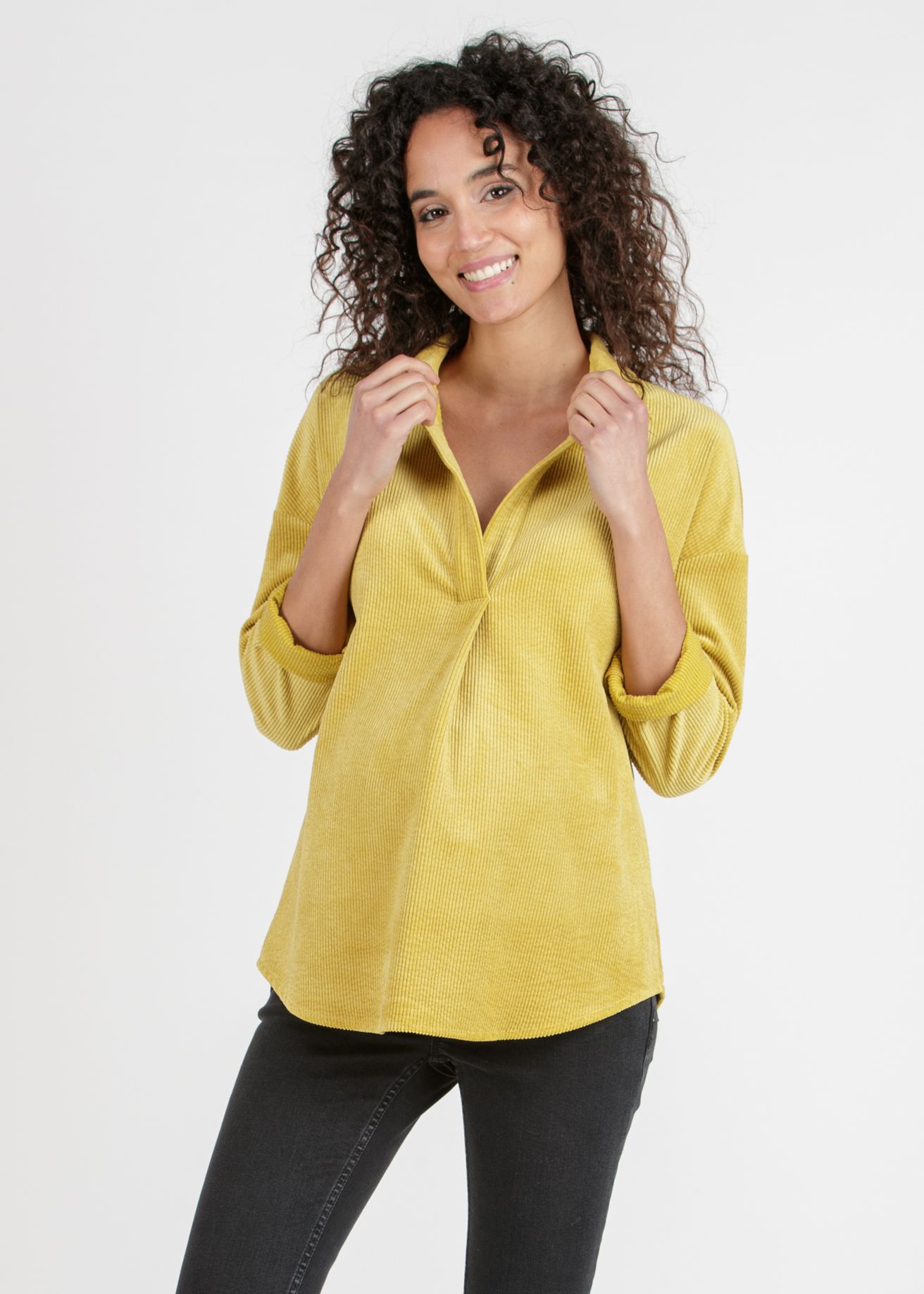 OLIVIA V - Camicia Over Premaman in Velluto a Coste Larghe (Senape)
