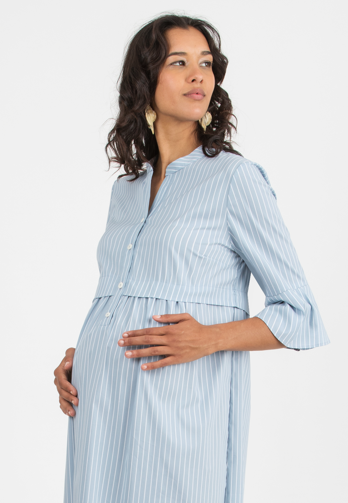 HEIDI R - Abito Premaman & Allattamento in Cotone a Righe con Maniche a Campana (Azzurro Polvere, XS)