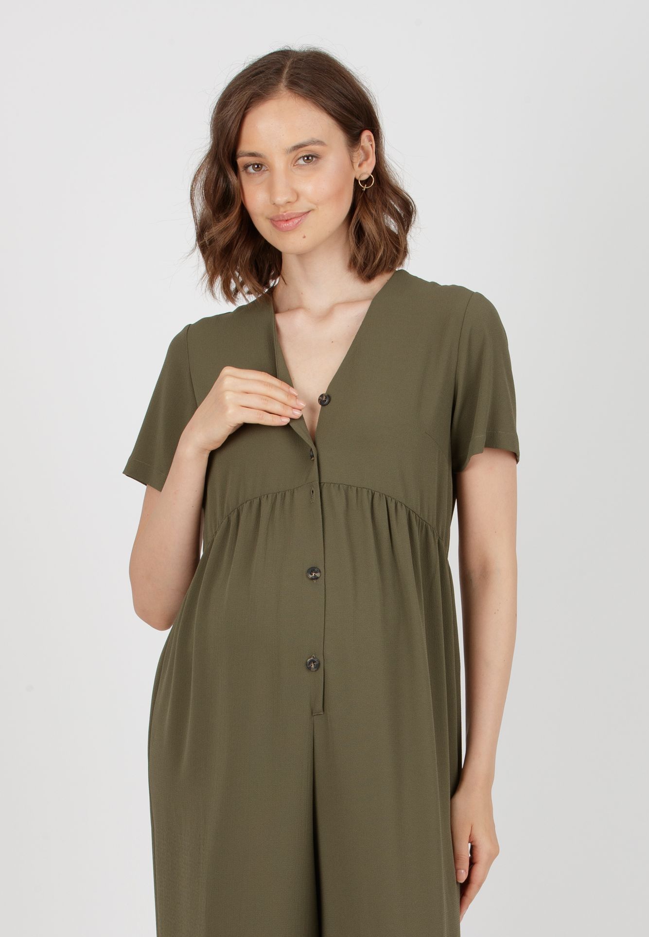 VIVIENNE - Tuta Premaman in Crepe con Bottoni Frontali (Verde Kaki, XS)