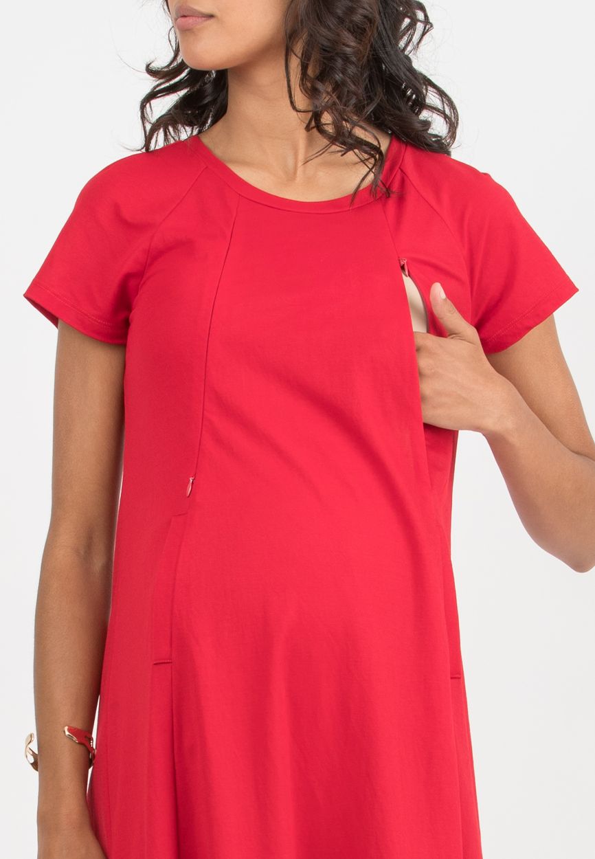 LICIA MIDI - Abito Midi Premaman & Allattamento in Viscosa (Rosso, XS)