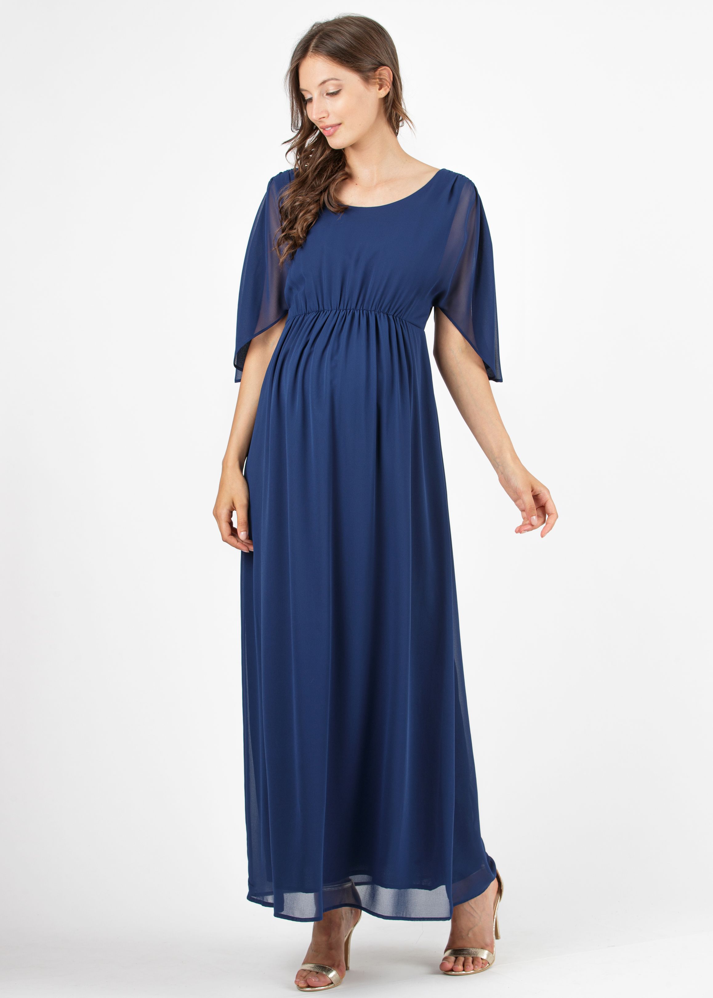VALENTINA - Long Kimono Maternity Dress with Back Neckline (Blue, XS)