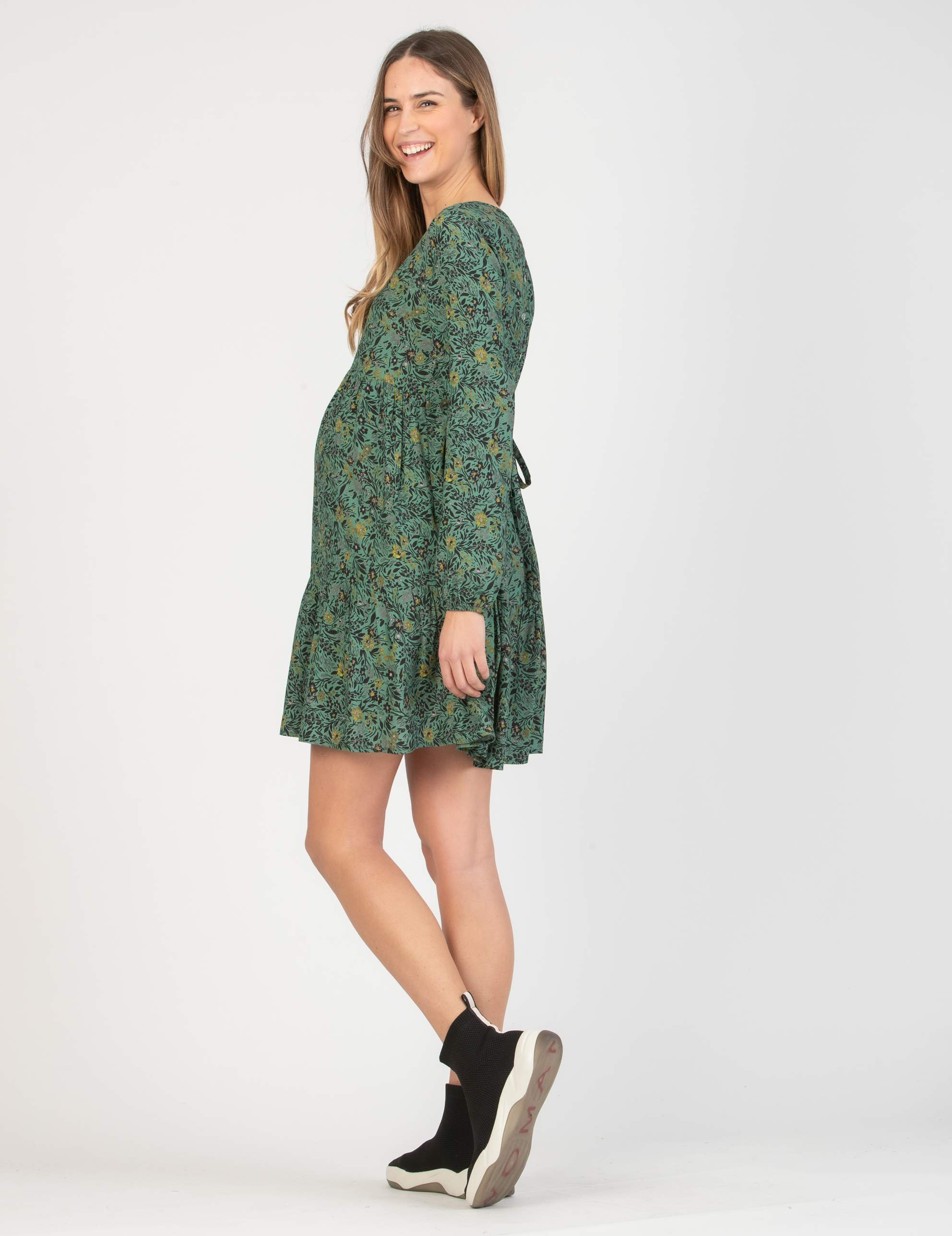 Abito Premaman con Balze e Bottoni sulla Schiena con Stampa Verde a Fiori (Verde, XS)