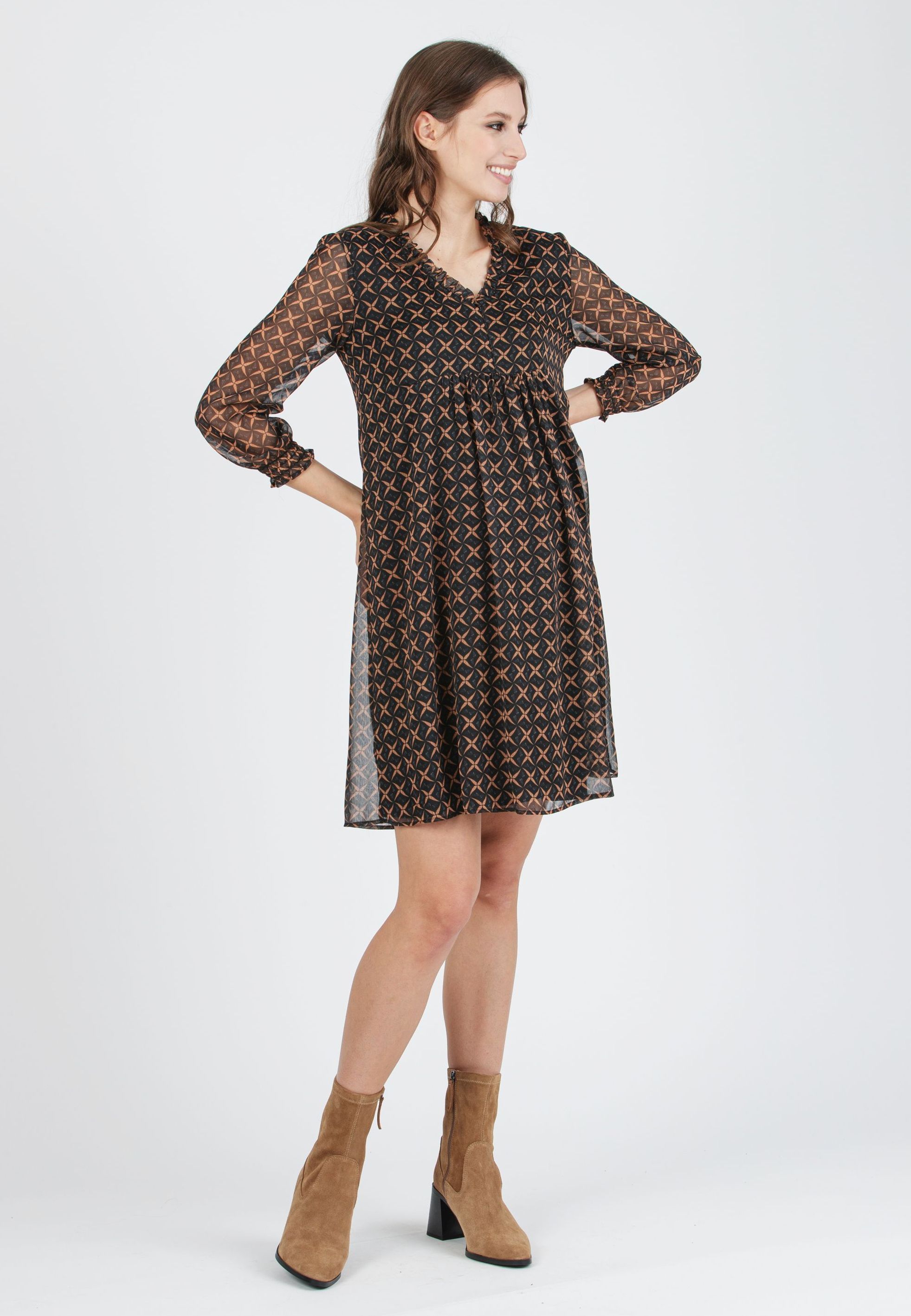 DIANA S - Abito Premaman & Allattamento in Chiffon Stampato con Volant sullo Scollo (Nero, XS)