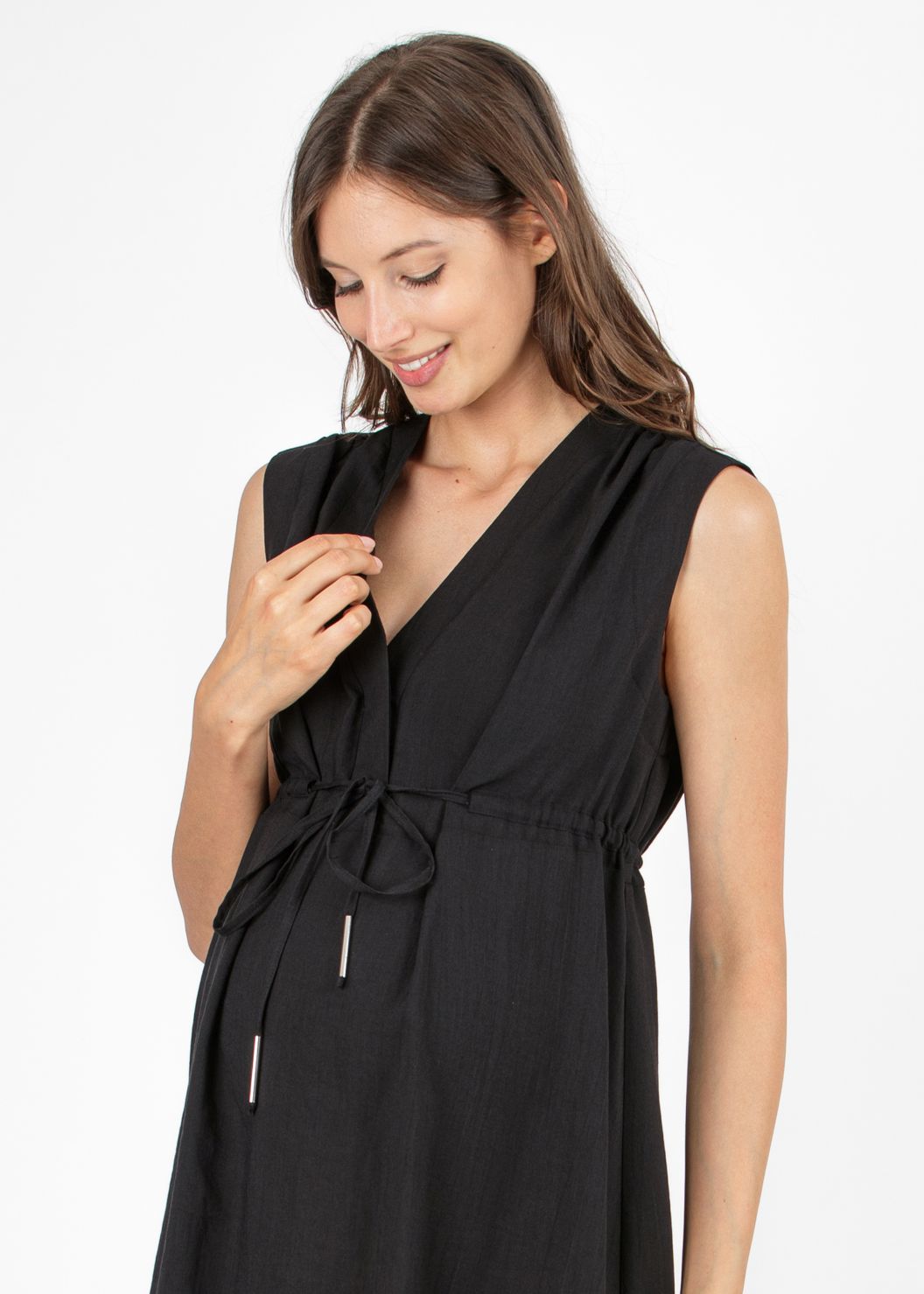 IRENE - Midi Maternity & Nursing Dress in Tencel with Drawstring (Black, XXS)