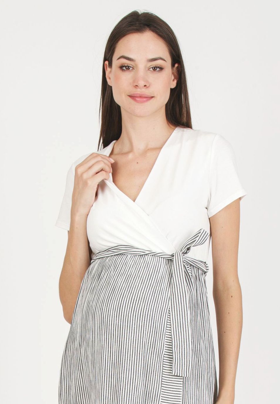 FEDERICA R - Maternity & Nursing Dress with Crossed Bodice and Striped Skirt (Black, XS)