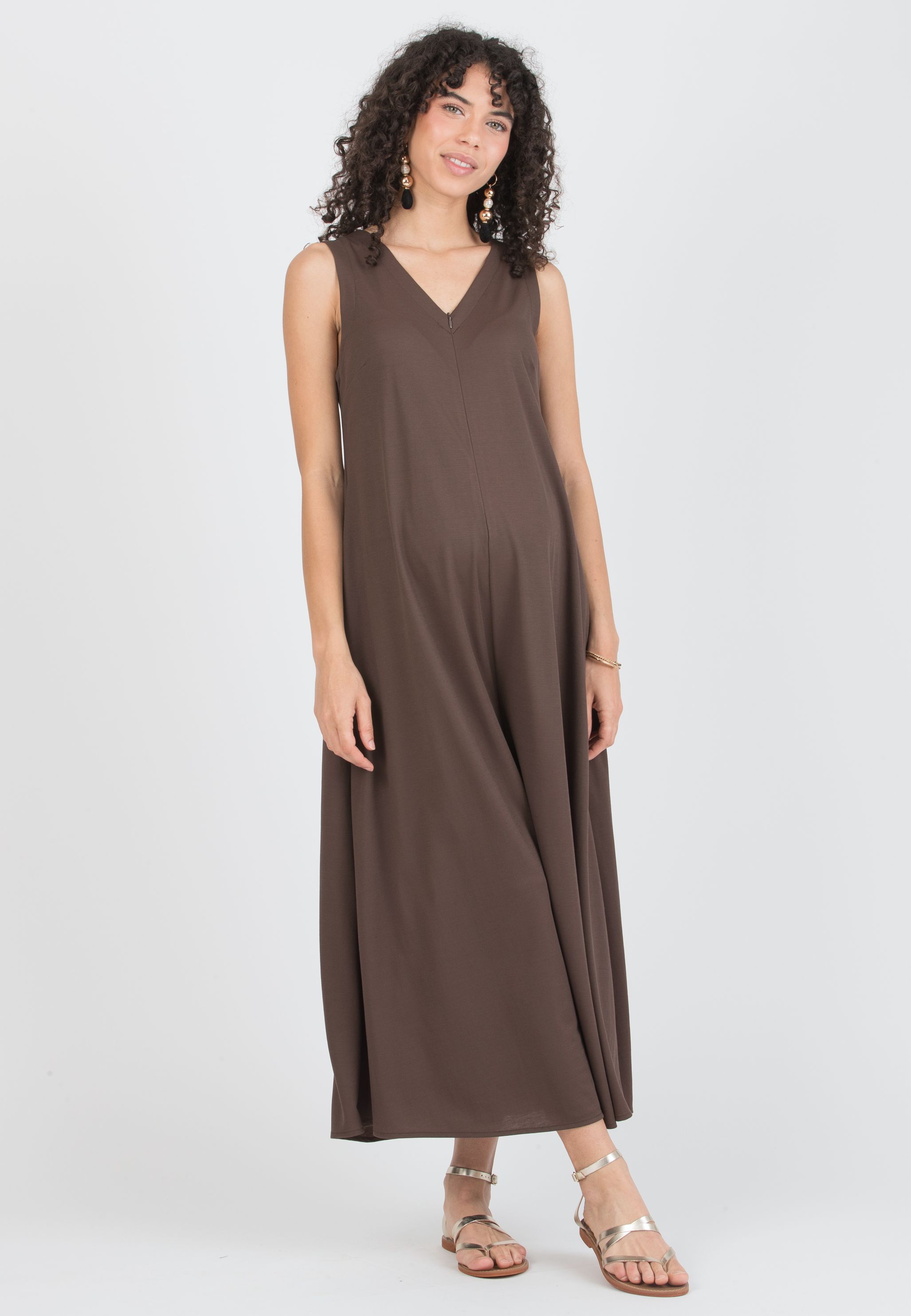 MIRANDA – Maternity Viscose Piqué Jumpsuit with V-Neck and Front Zip (Brown, XS)