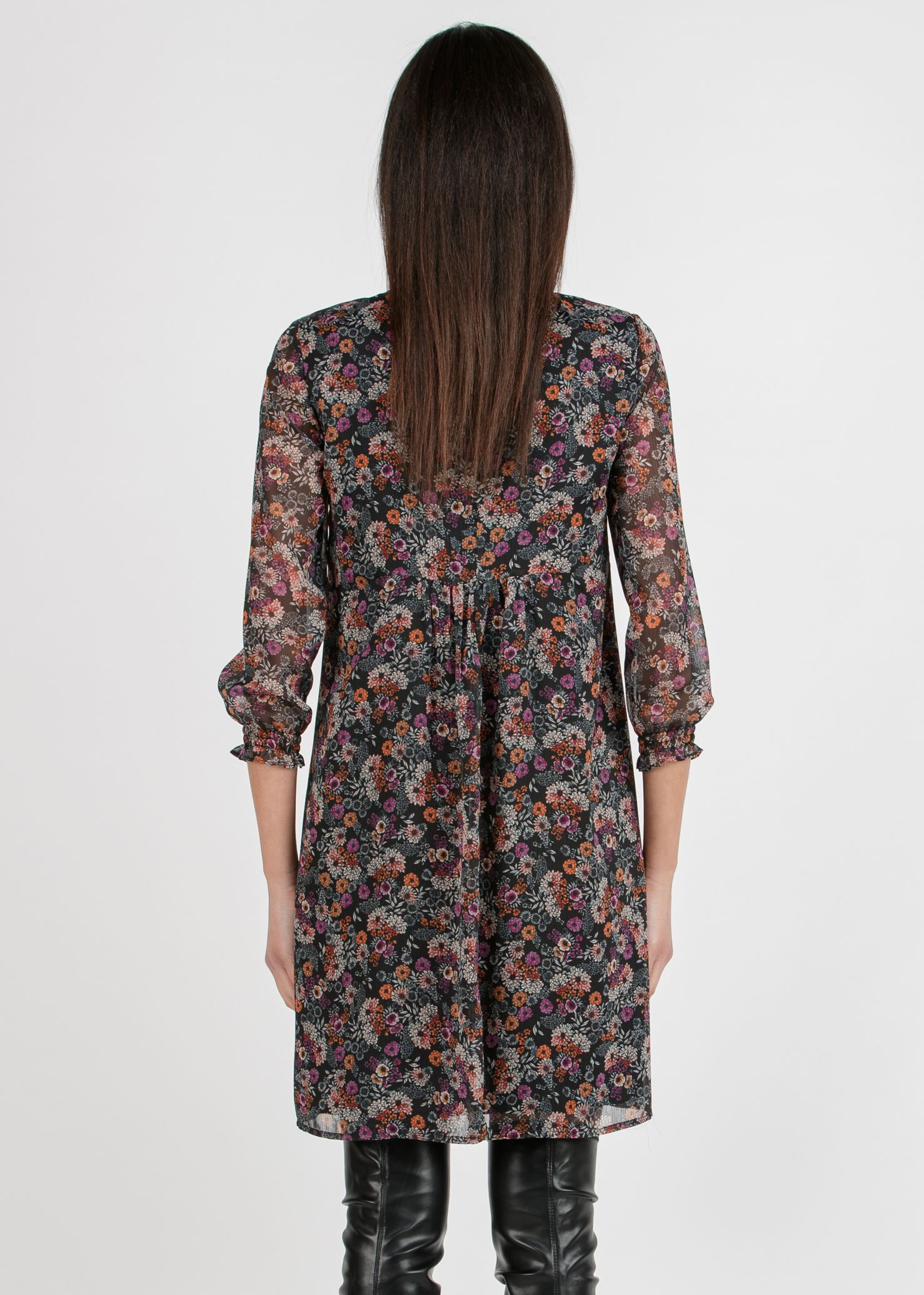 DIANA F - Printed Chiffon Maternity & Nursing Dress with Ruffle Trims on the Neck (Black, XS)