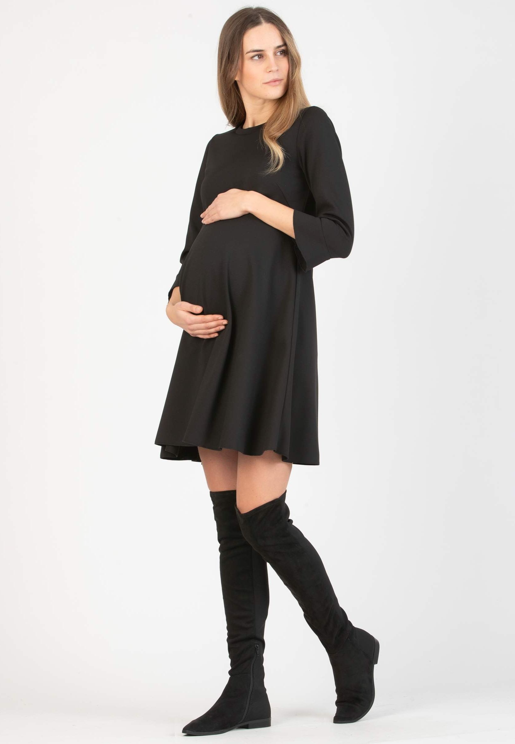 DAFNE – Flared Maternity & Nursing Dress with Back Button Detail (Black, XS)