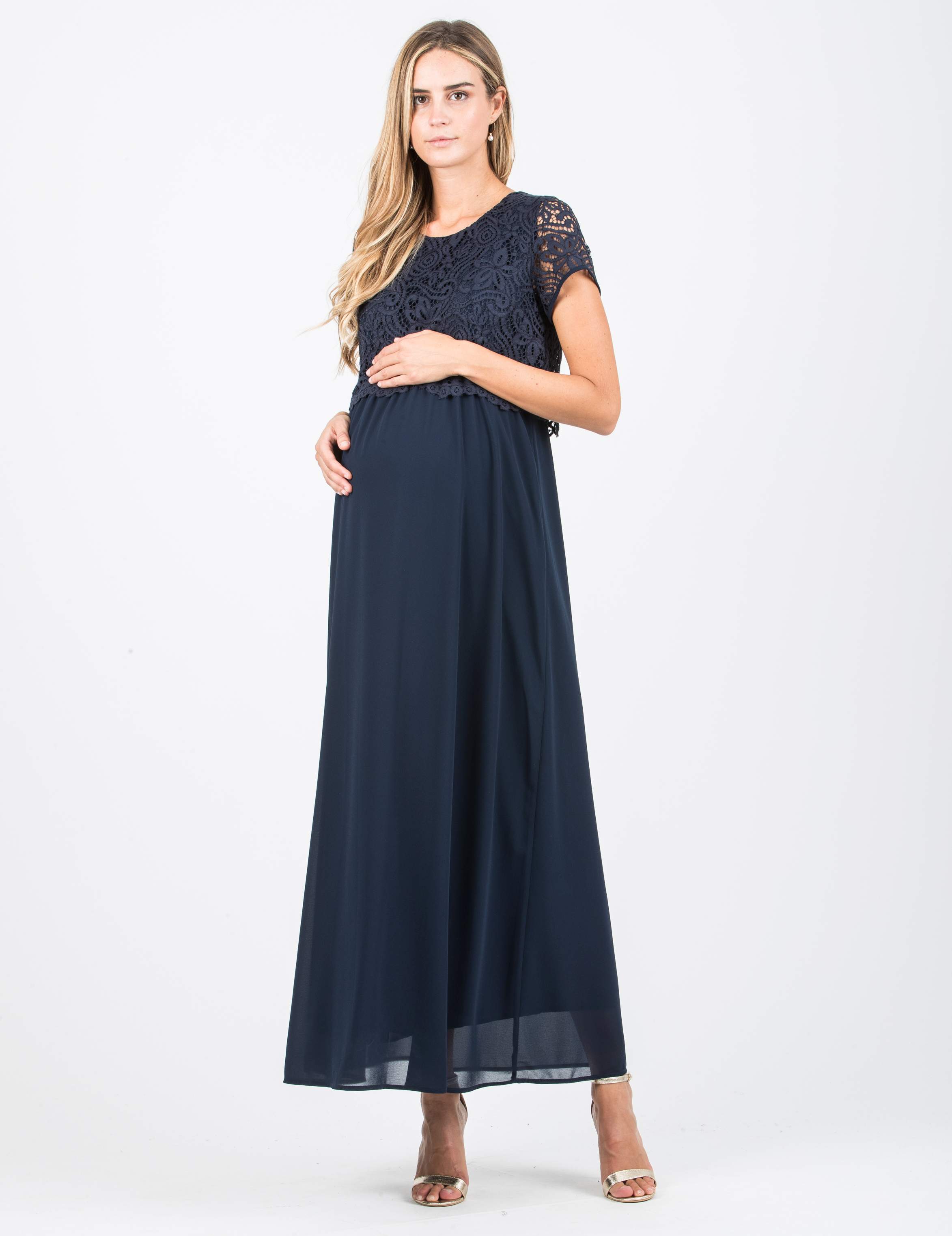 AURORA MAXI - Embroidered Long Maternity & Nursing Dress in Lace (Blue, XS)