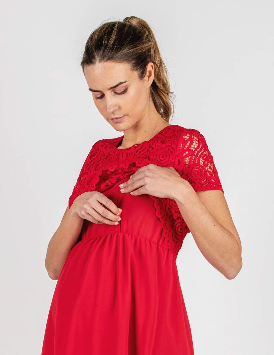 AURORA - Embroidered Maternity & Nursing Dress in Lace (Red, XS)