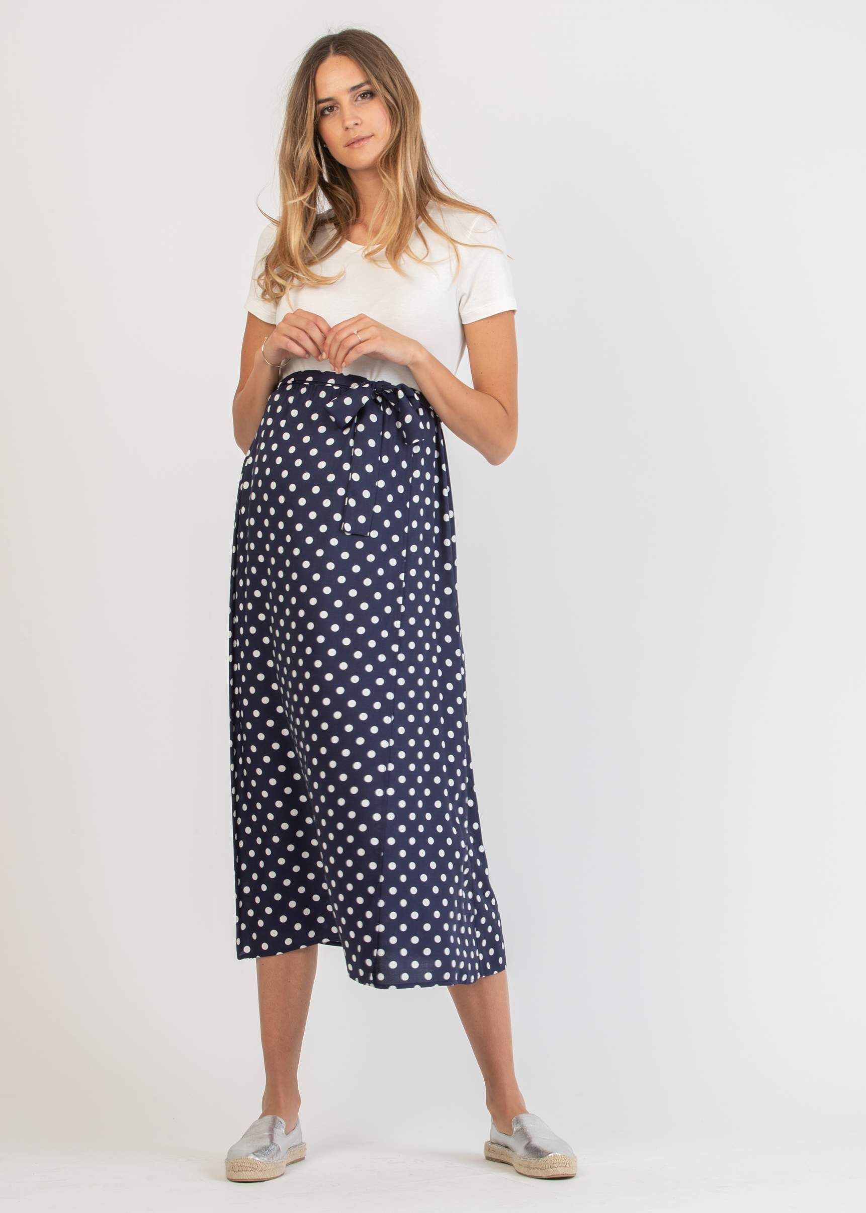 Abito Midi Premaman con Gonna a Pois a Portafoglio (Blu Scuro, XS)