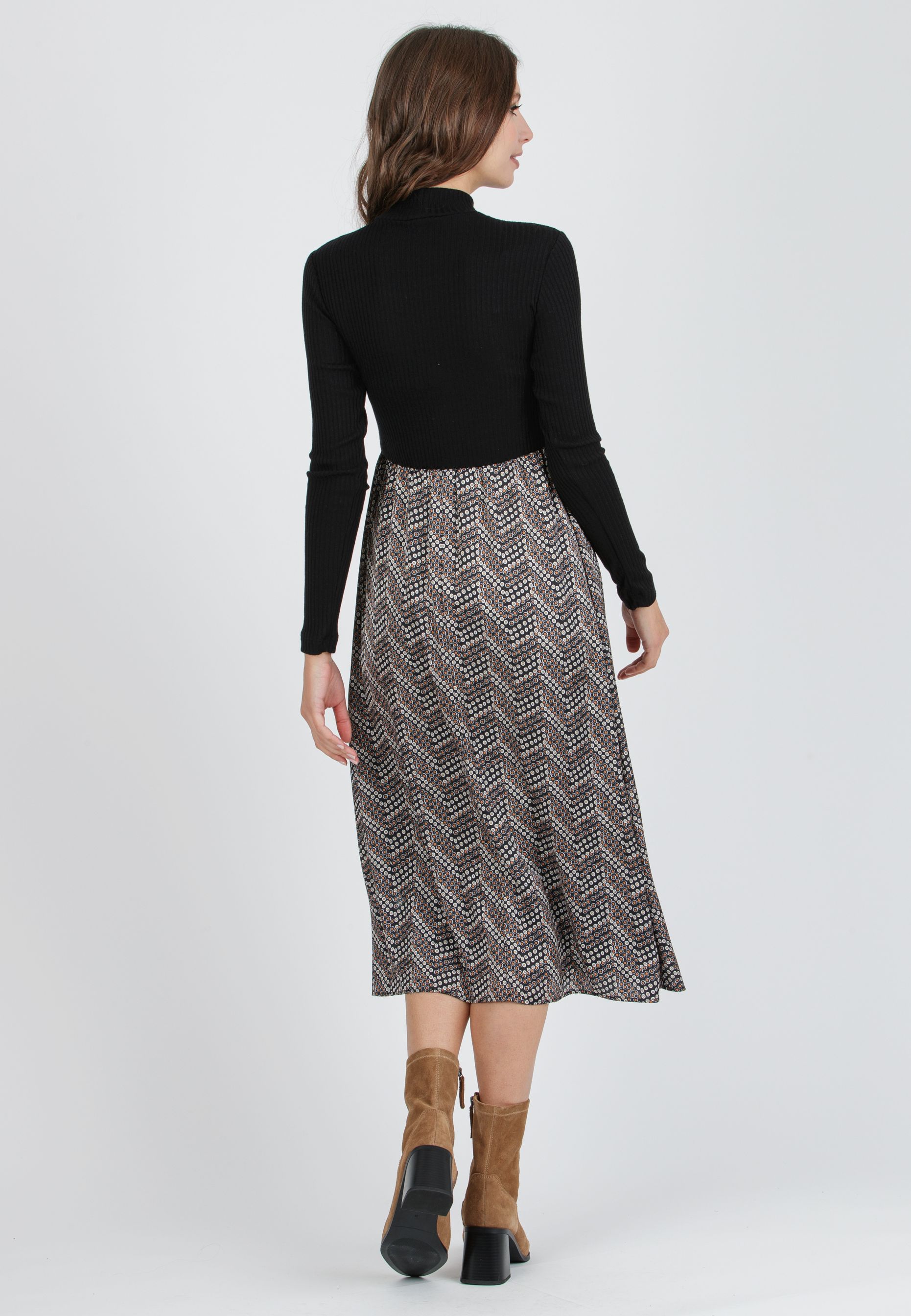 ANASTASIA MIDI - Midi Maternity Dress in Ribbed Knit and Printed Satin (Black, XS)