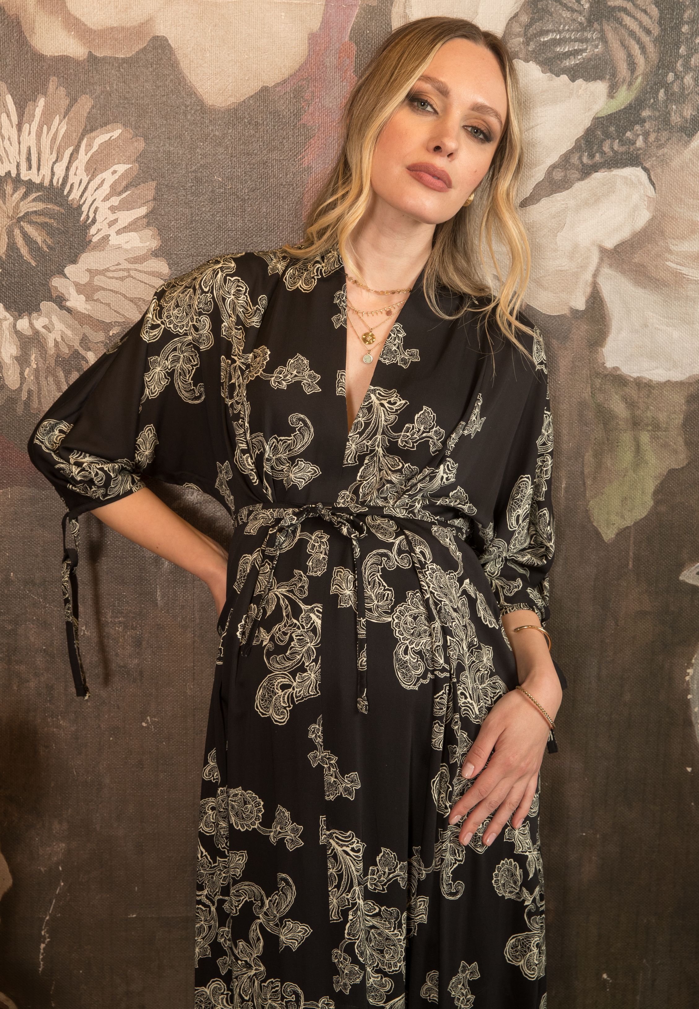 VIOLA - Maternity Kimono Dress in Viscose with Ties (Nero)