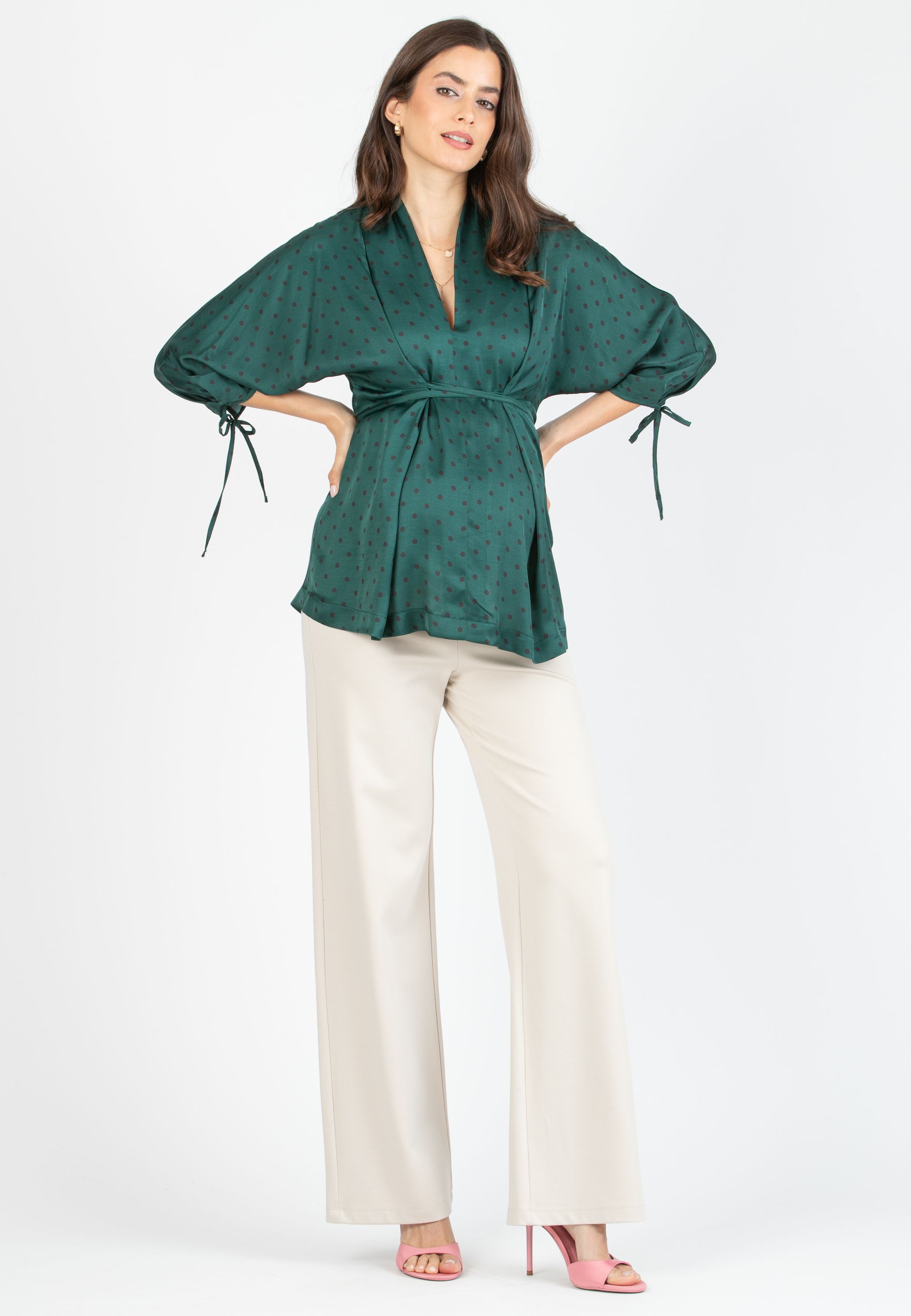 VIOLA M - Casacca Kimono Premaman in Raso di Viscosa con Laccetti (Verde, XS)