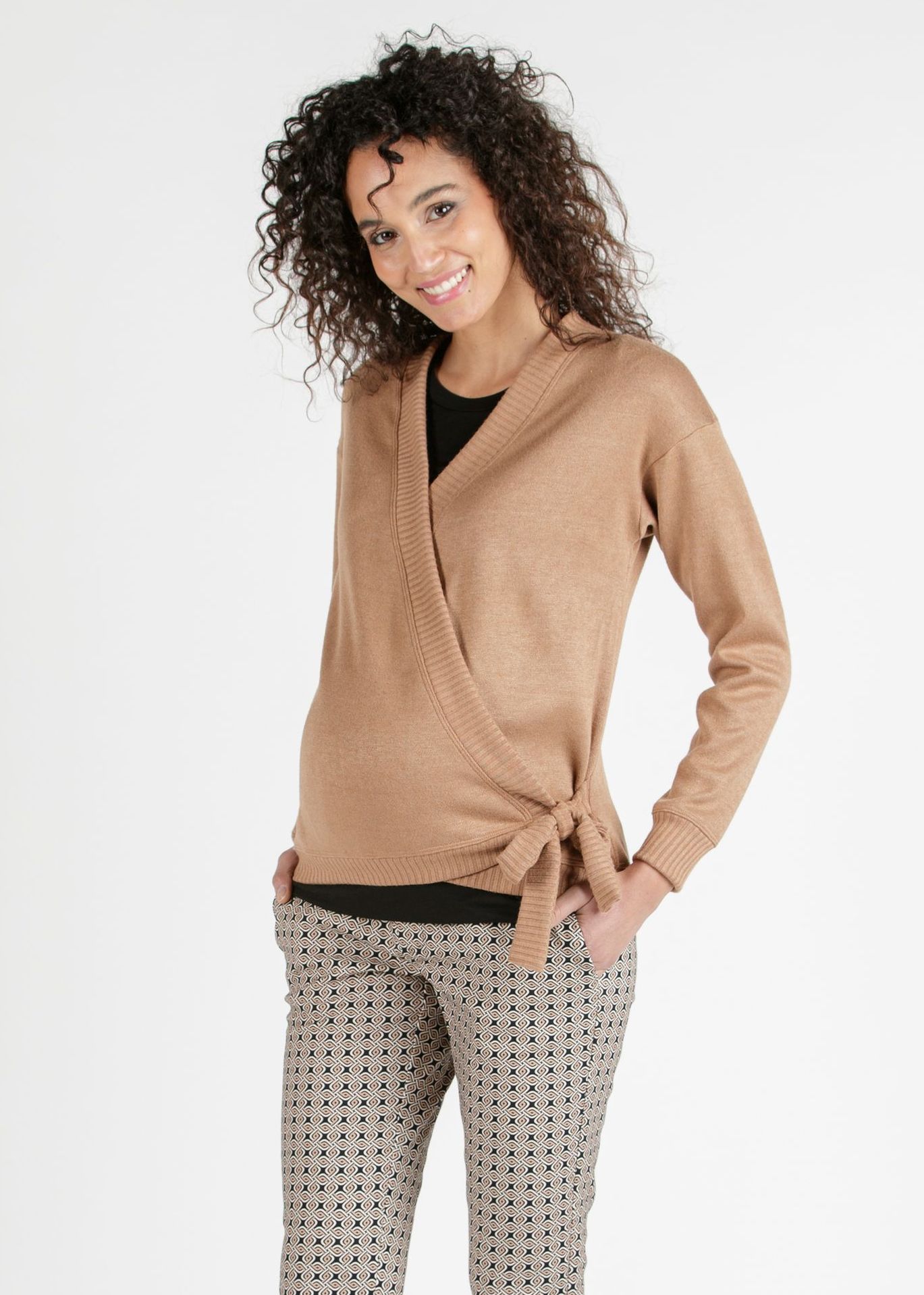 CARMEN - Cardigan Premaman Incrociato in Filato Misto Viscosa (Cammello, XS)