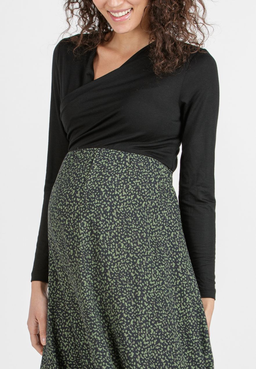 MARTA M/L - Abito Midi Premaman & Allattamento con Gonna Stampata (Verde Militare, XS)