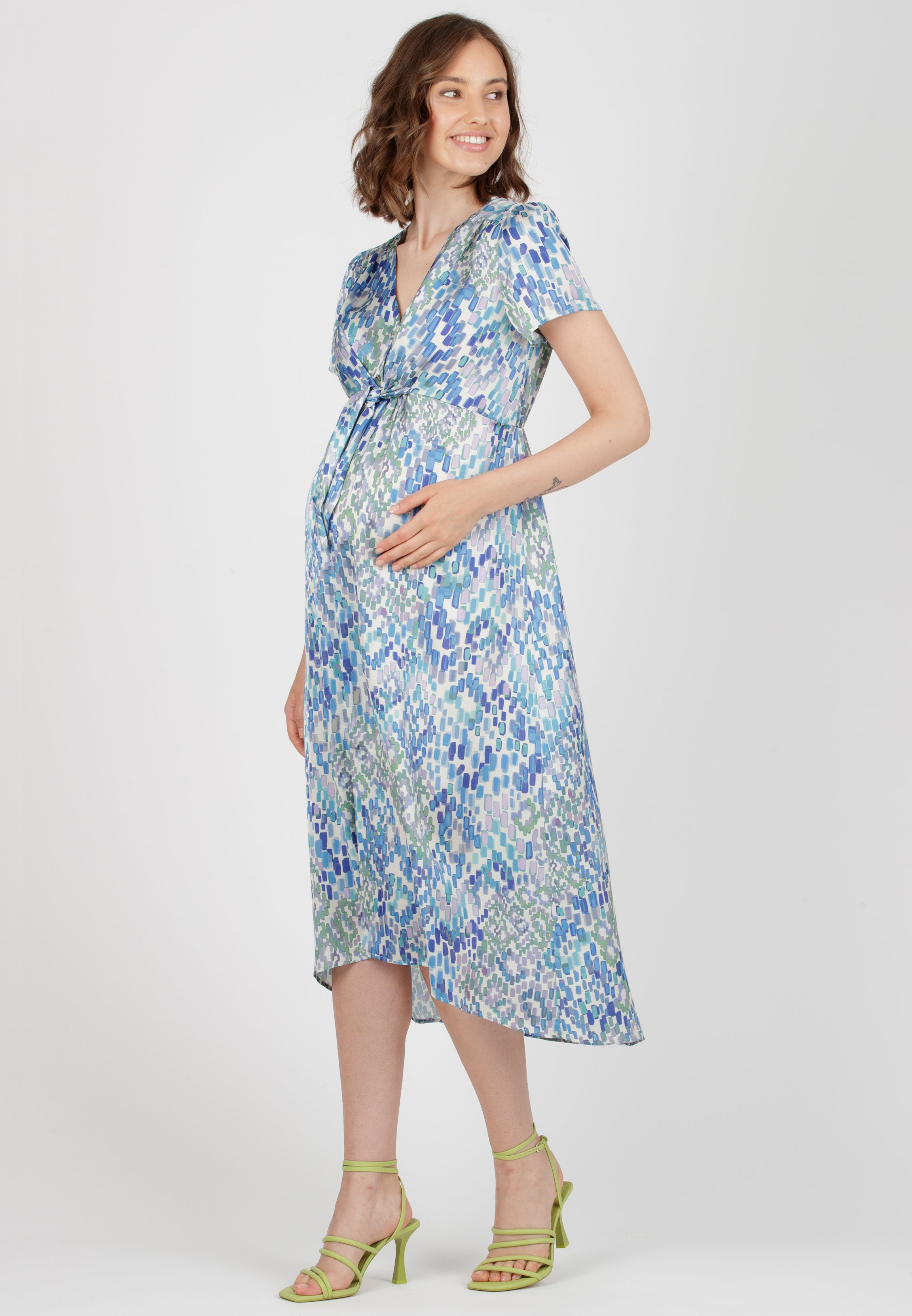 BELEN M/M - Abito Premaman & Allattamento in Raso Stampato con Corpino Annodato (Azzurro, XS)