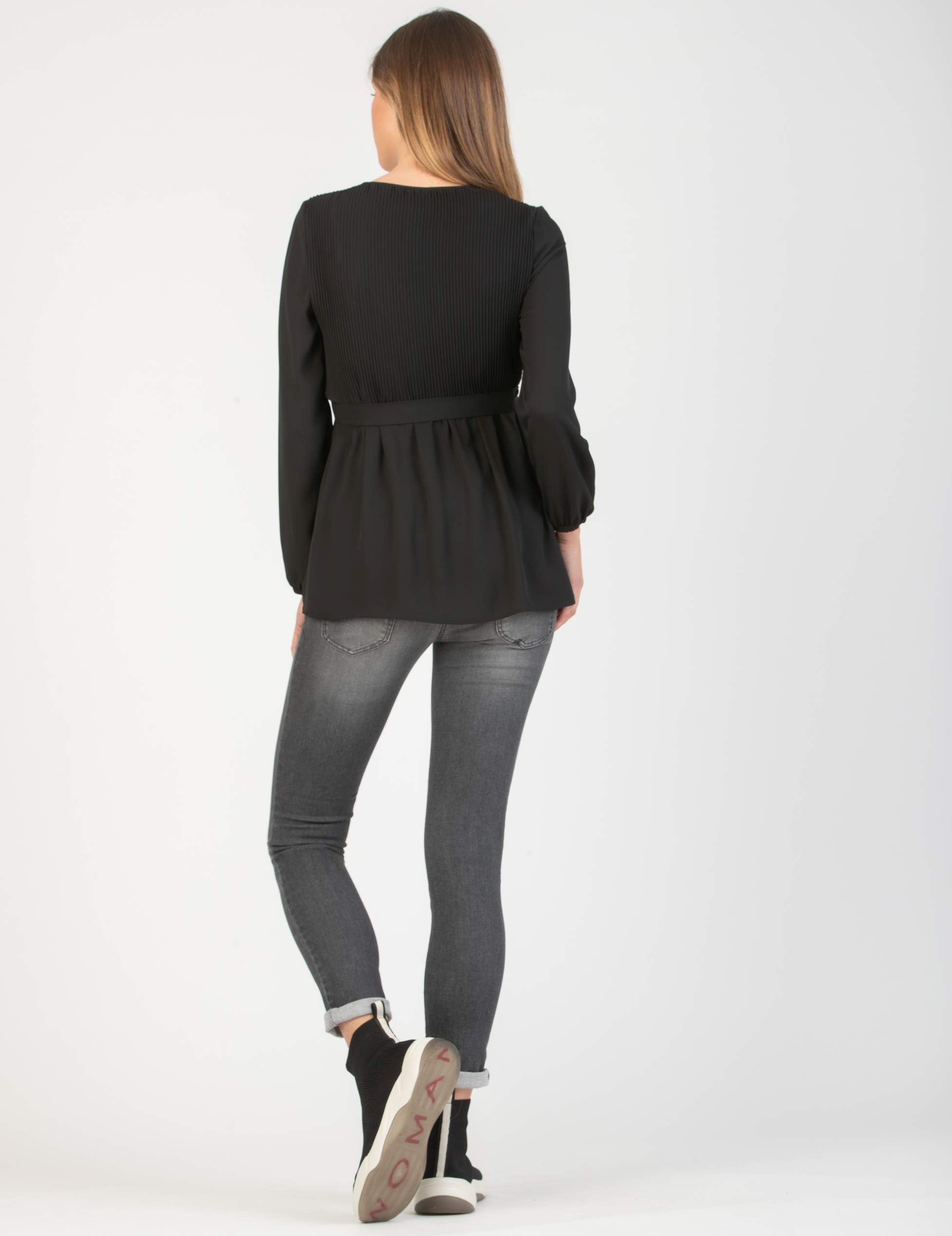 Camicetta Premaman in Georgette con Corpino in Kristal Plissé (Nero, XS)
