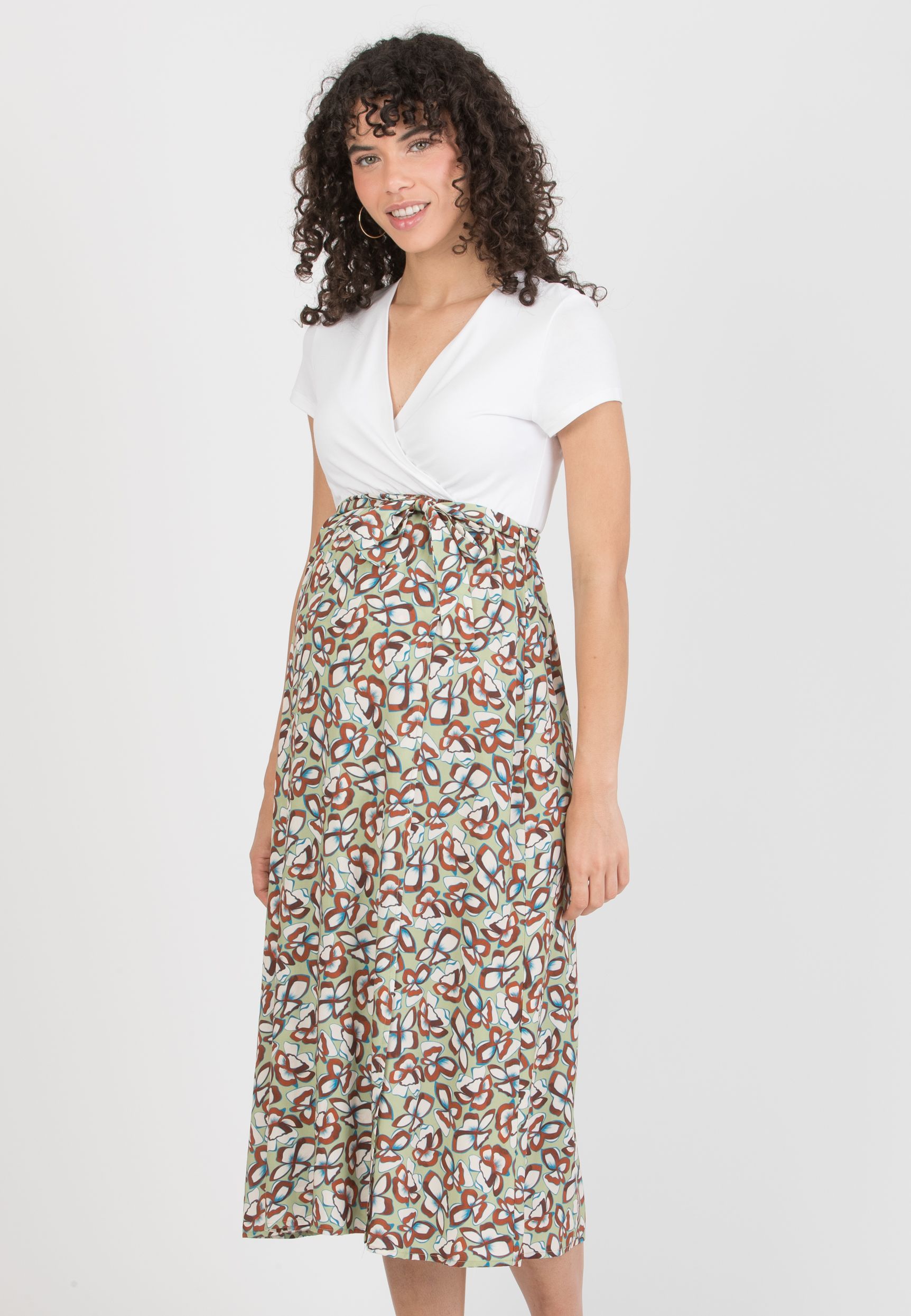 FEDERICA - Maternity Midi Dress with Crossed Neckline and Viscose Wrapped Skirt (Verde Pistacchio)