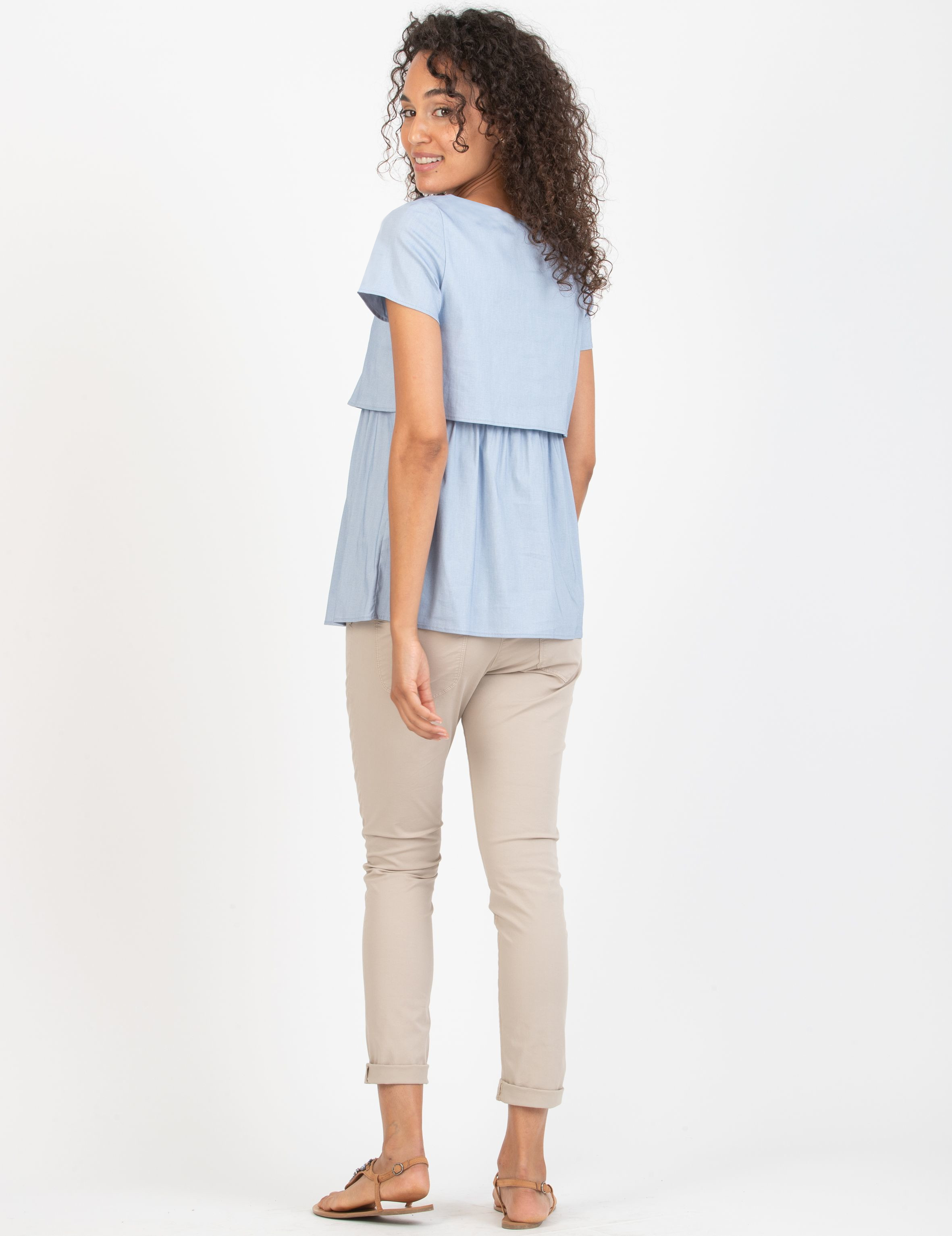 CLAUDIA - Double Layer Maternity & Nursing Blouse in Cotton Bengaline (Blue, XS)