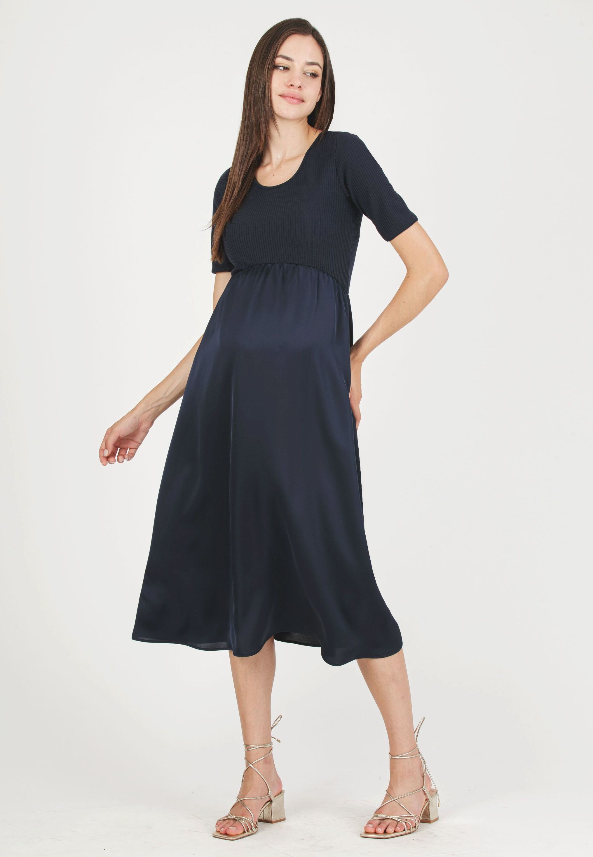 NASTIA - Abito Premaman in Costina con Gonna in Raso (Blu Scuro, XS)
