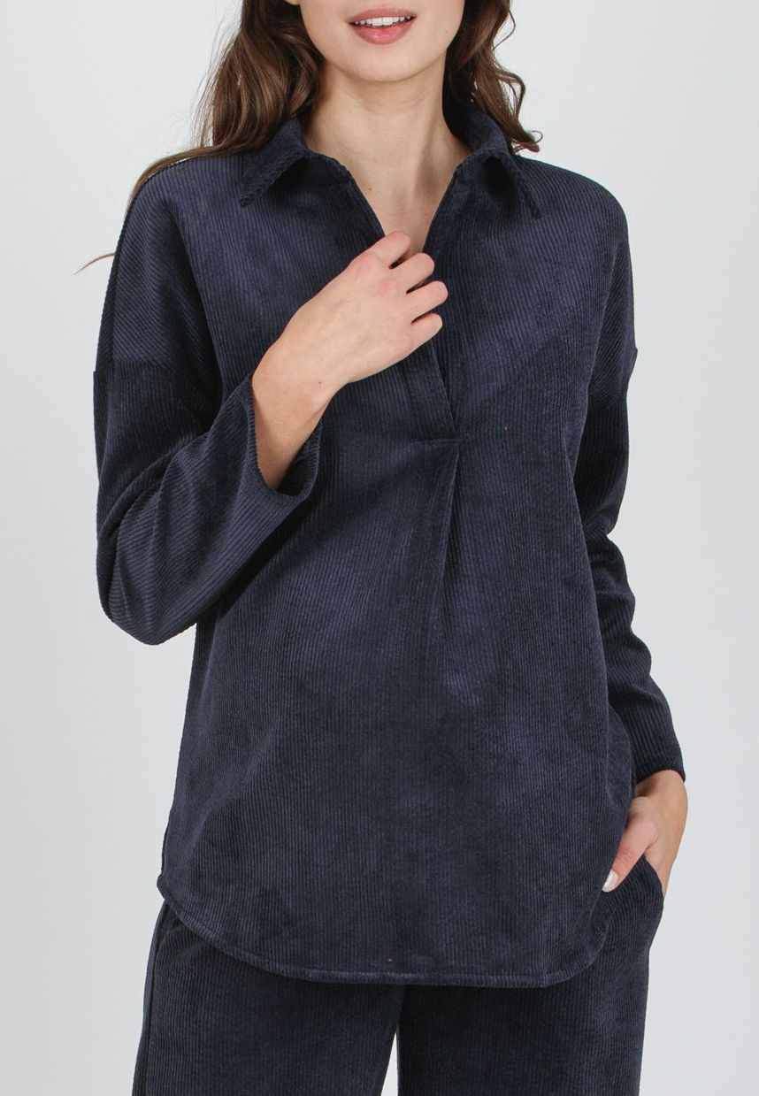 OLIVIA V - Camicia Over Premaman in Velluto a Coste Larghe (Blu)