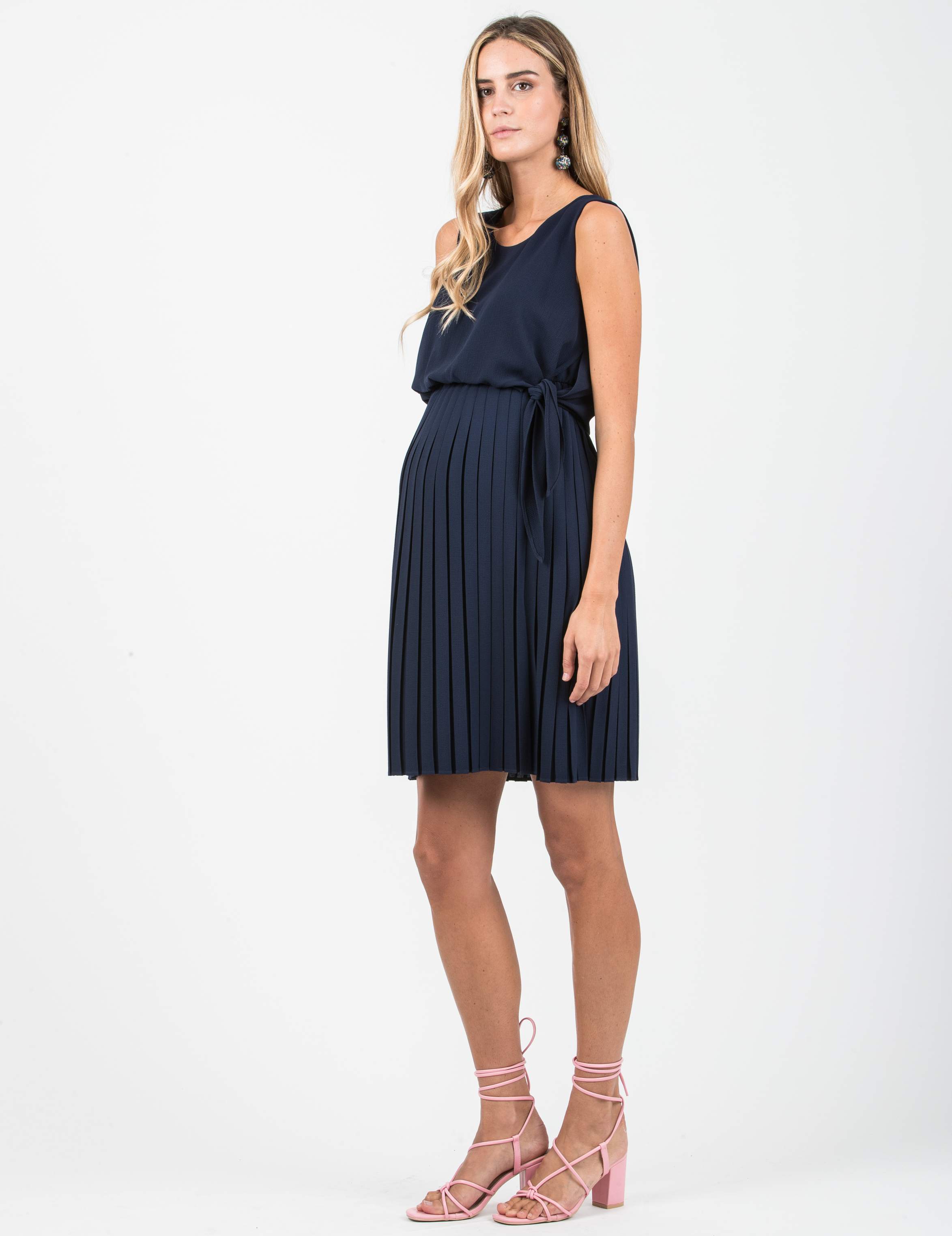 BIANCA - Maternity & Nursing Dress with Pleated Skirt and Buttons at the Back (Midnight Blue, XS)