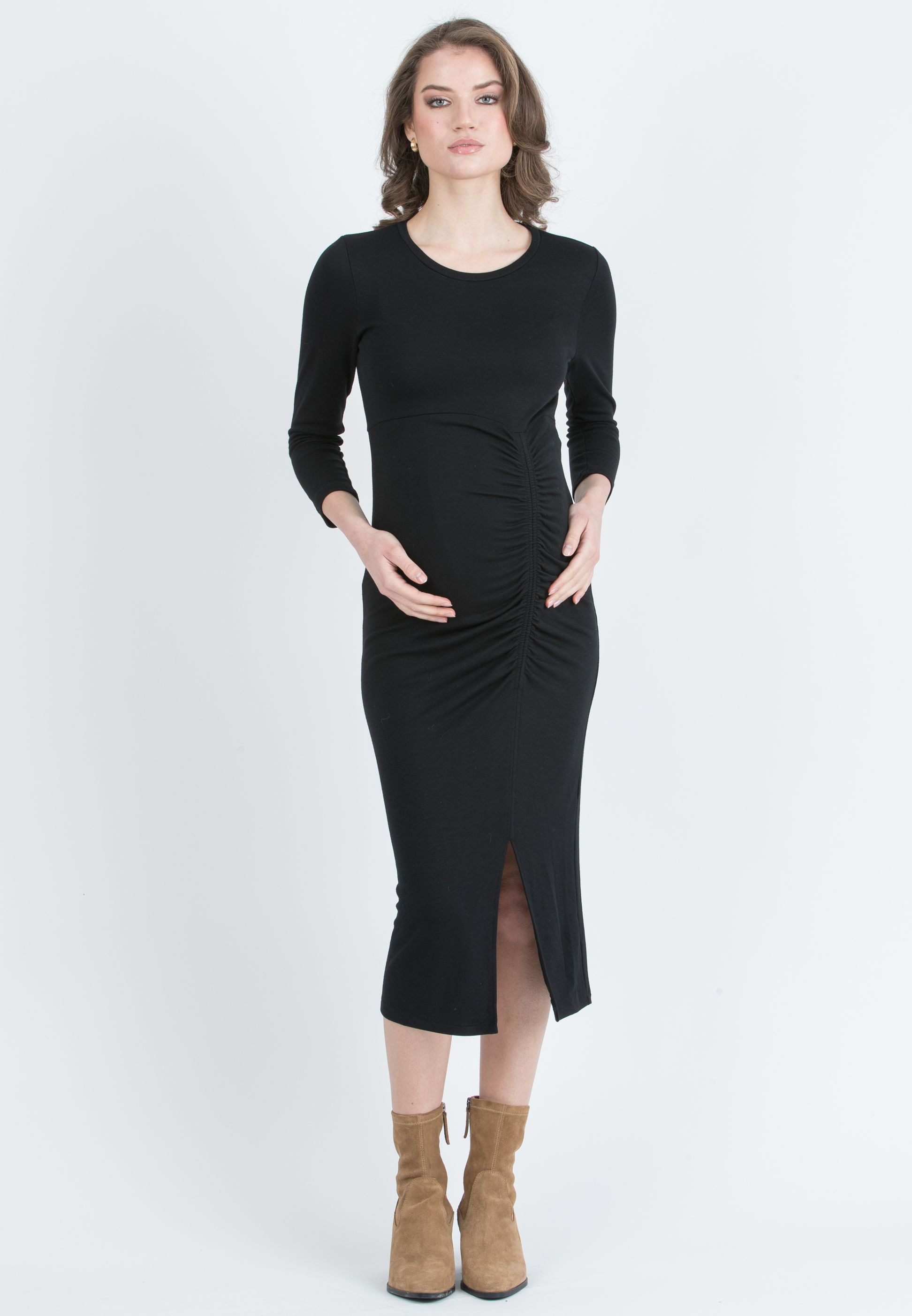 DALILA - Tubino Premaman in Jersey di Viscosa con Gonna Arricciata (Nero, XS)