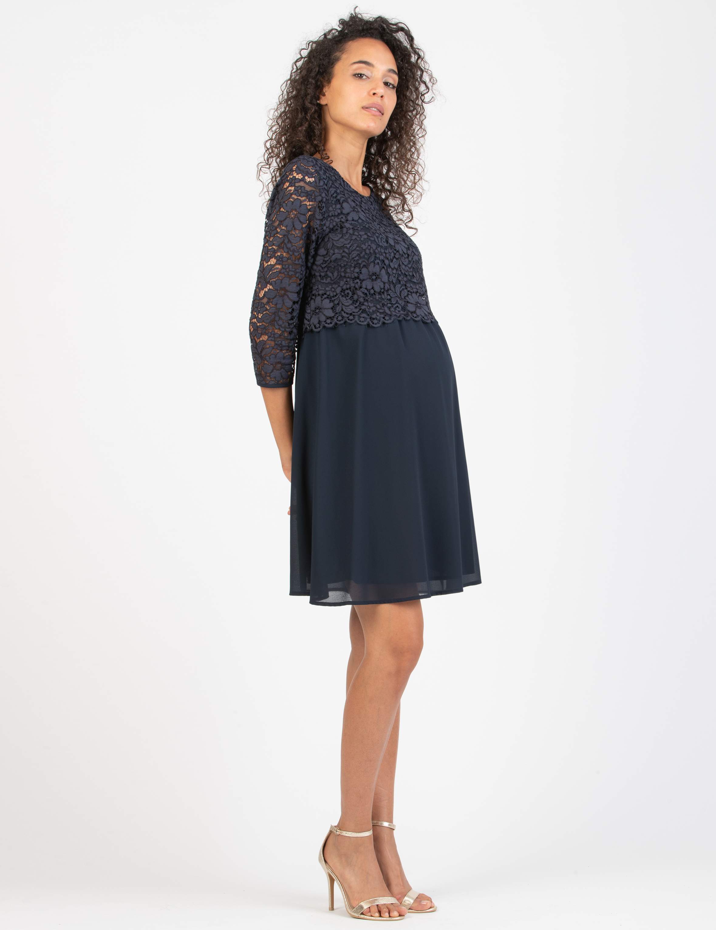 ELEONORA - Lace and Chiffon Maternity & Nursing Dress (Blu Scuro)