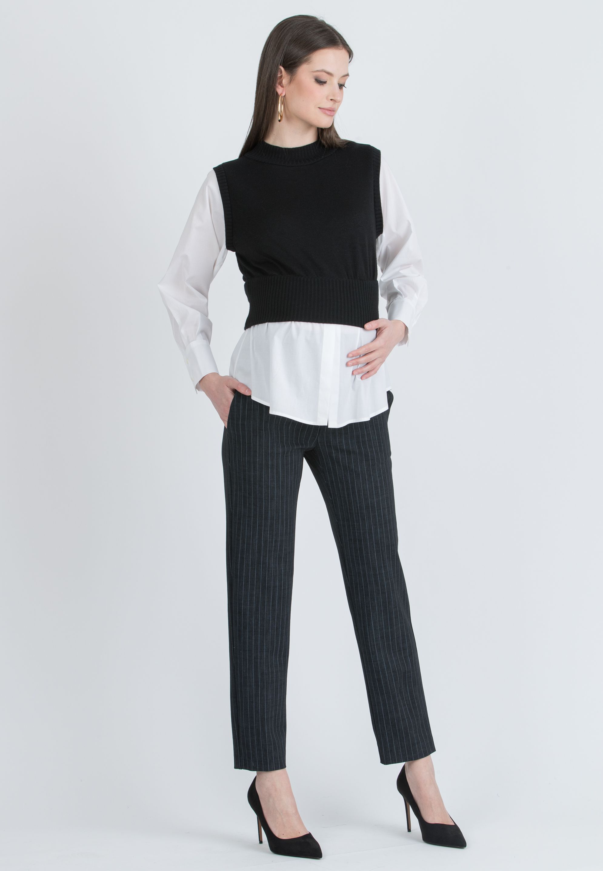 KENDALL M - Maglia Premaman con Gilet e Finta Camicia (Nero, XS)