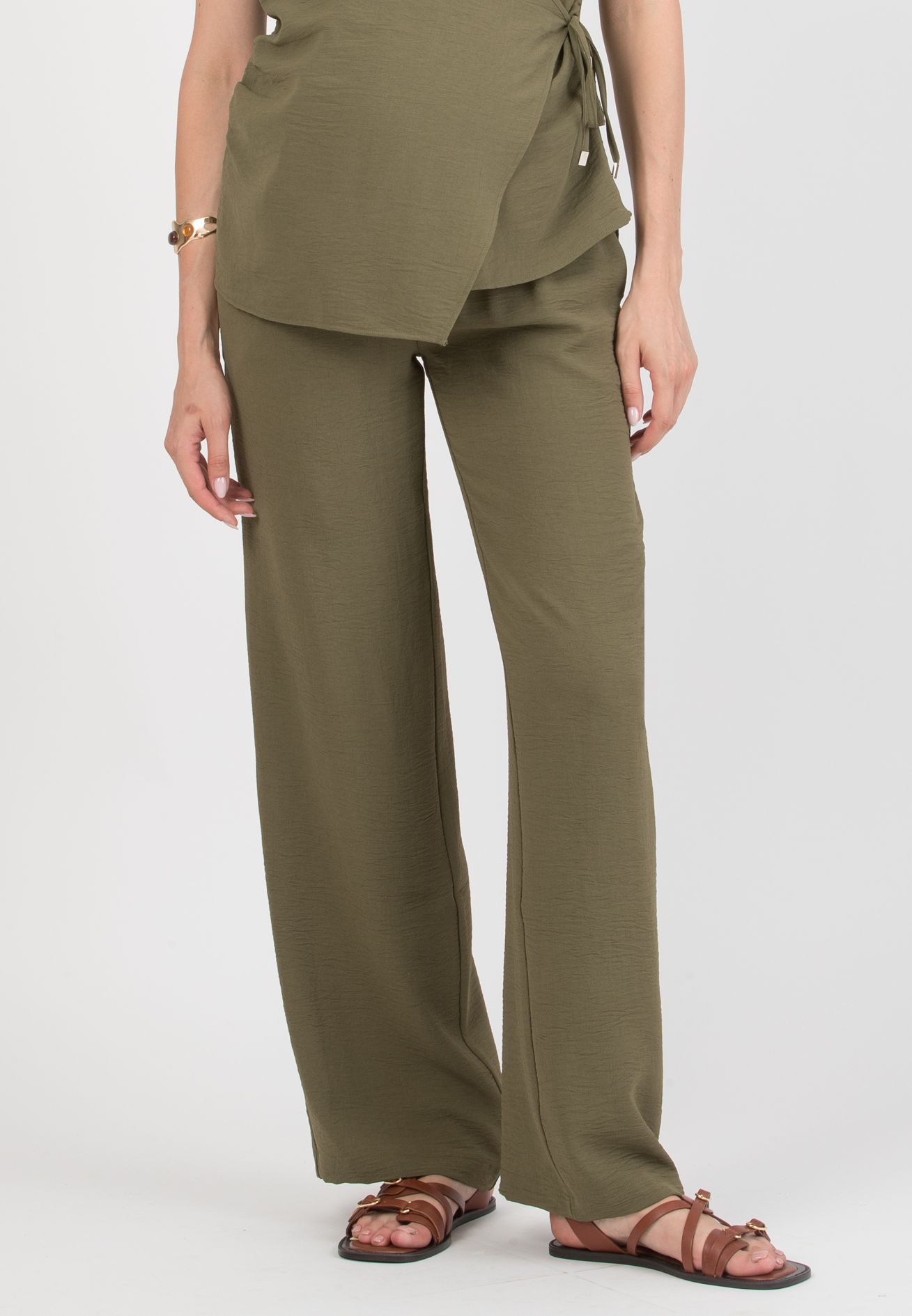 INES - Pantalone Premaman Fluido con Vita Bassa (Verde Militare)