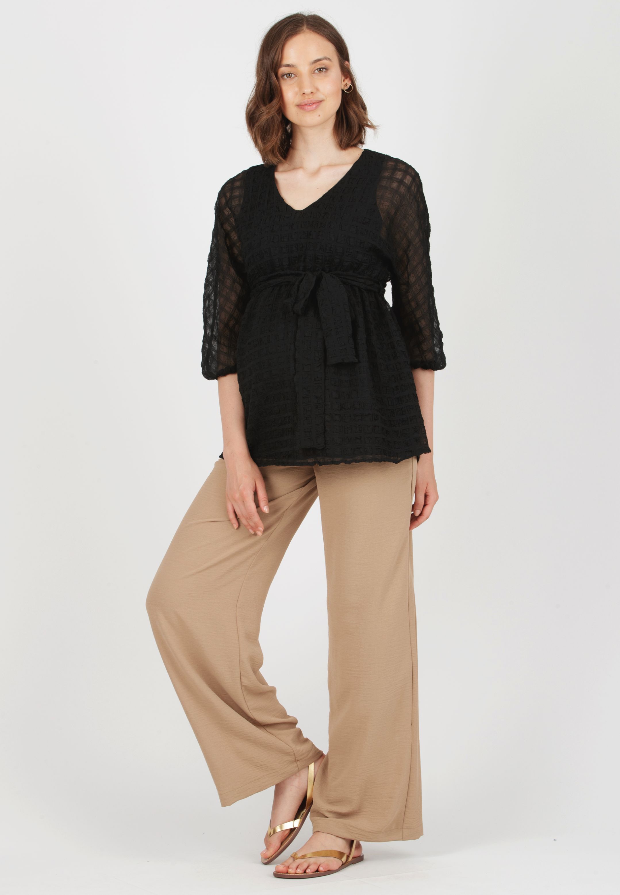 INES - Pantalone Premaman Fluido con Vita Bassa (Cammello)