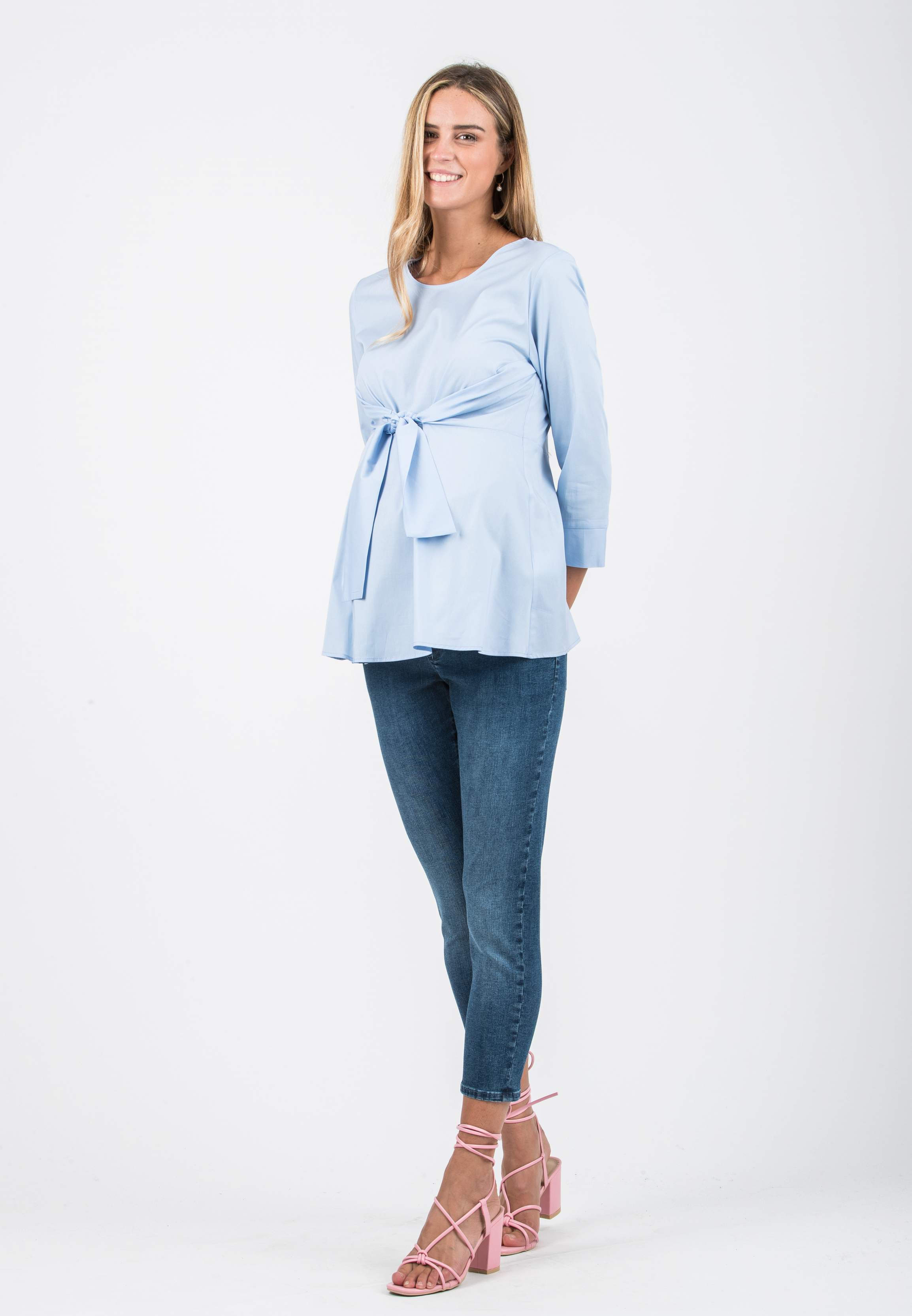 MATILDE - Poplin Maternity Blouse with Front Bow (Blue, XS)