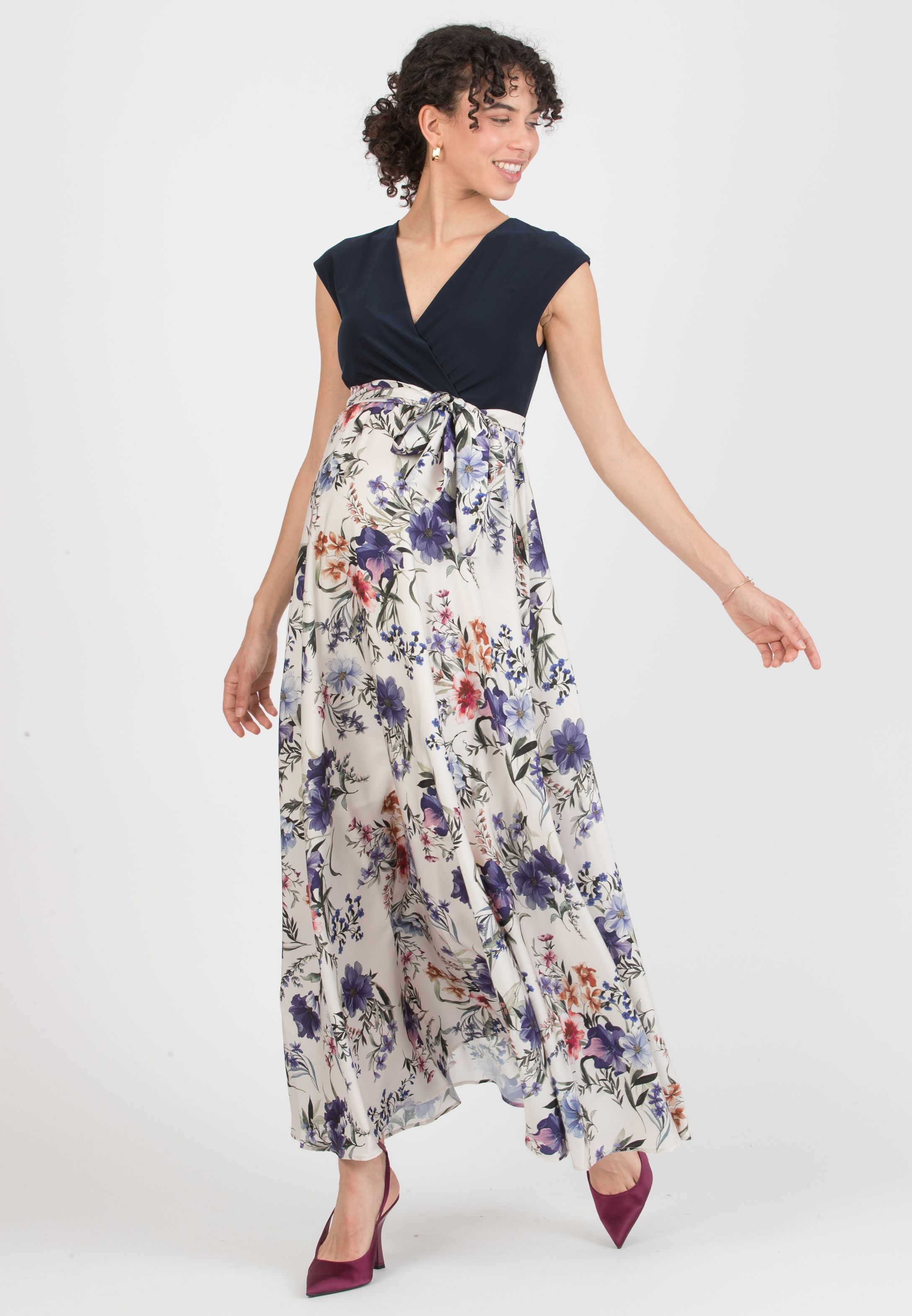 LUCREZIA F - Abito Premaman & Allattamento con Gonna in Raso Stampato (Avorio)