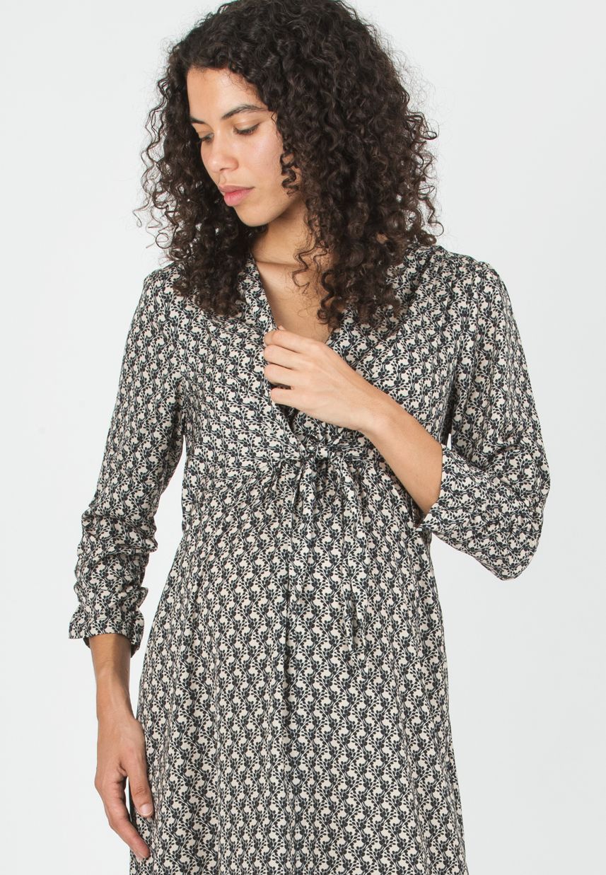 BELEN M/L - Abito Premaman & Allattamento in Raso Stampato con Corpino Annodato e Maniche 3/4 (Avorio, XS)