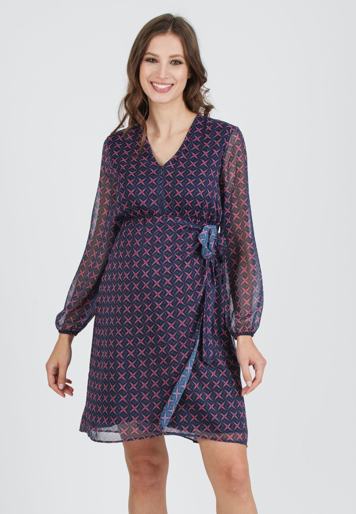 VIVIAN - Printed Chiffon Maternity & Nursing Dress with Draped Crossoover Skirt (Blue, XS)