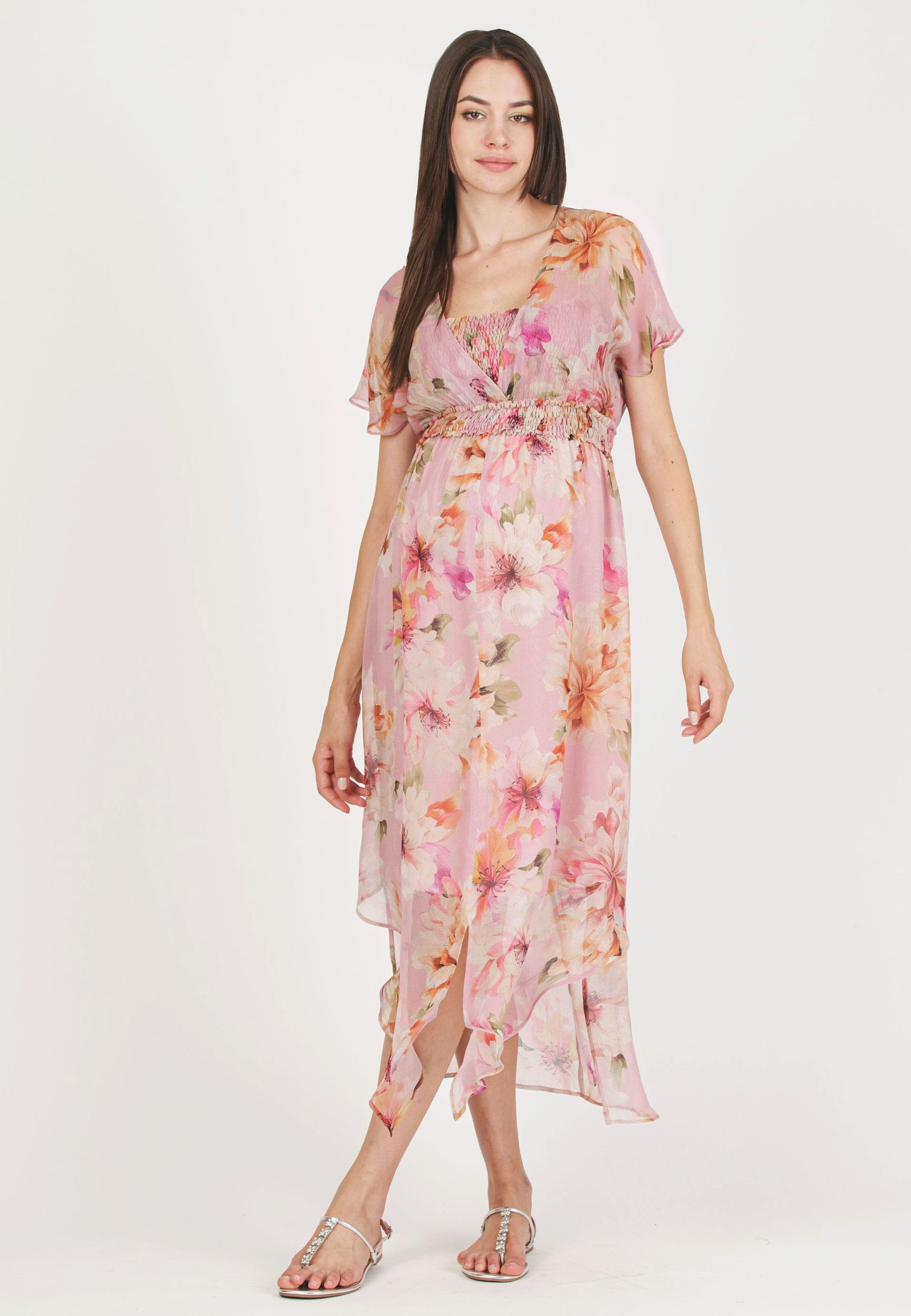 HOLLY - Maternity & Nursing Dress with Crossed Neckline and Asymmetric Hem (Pink, XS)