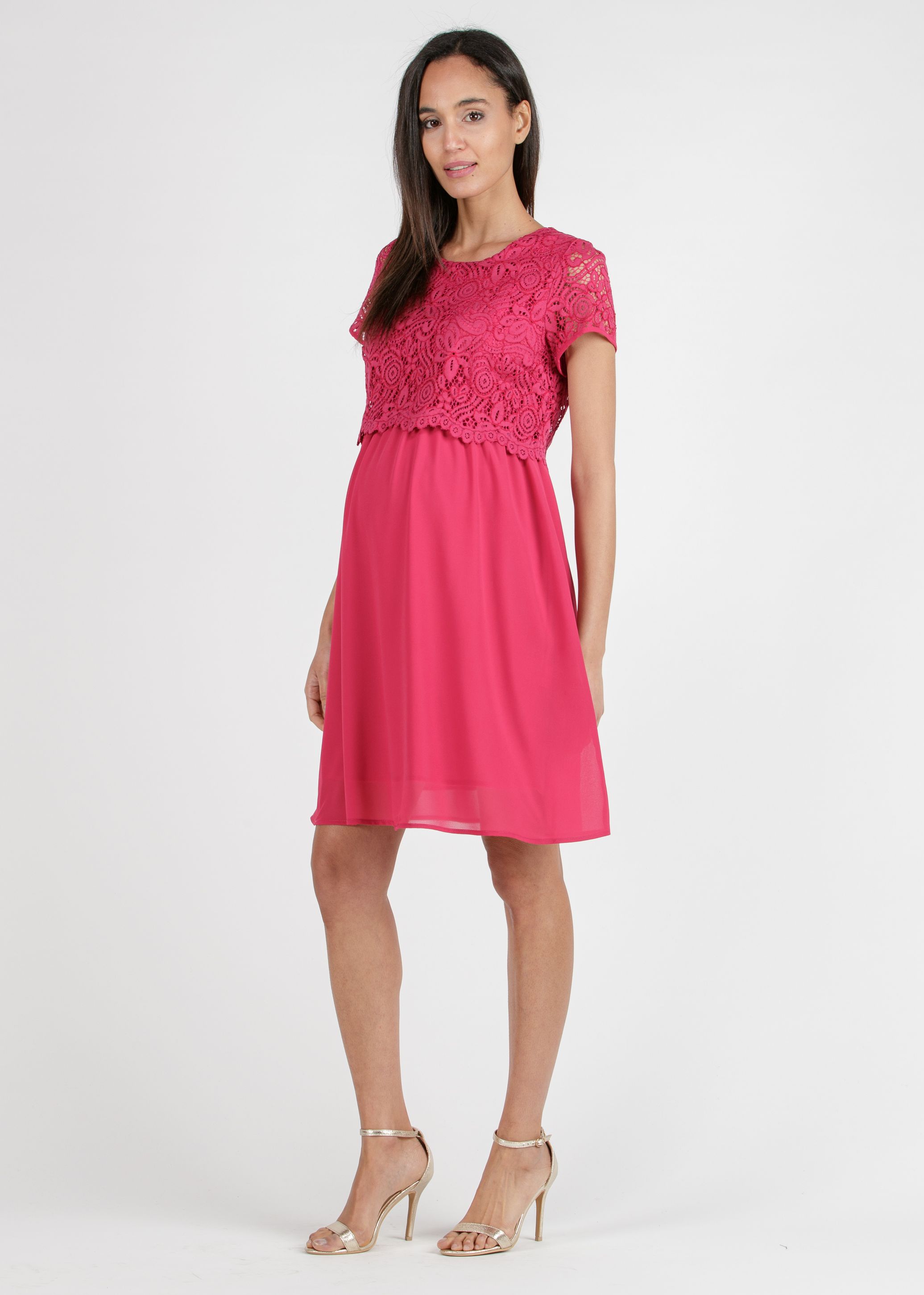 AURORA - Embroidered Maternity & Nursing Dress in Lace (Fuchsia, XS)