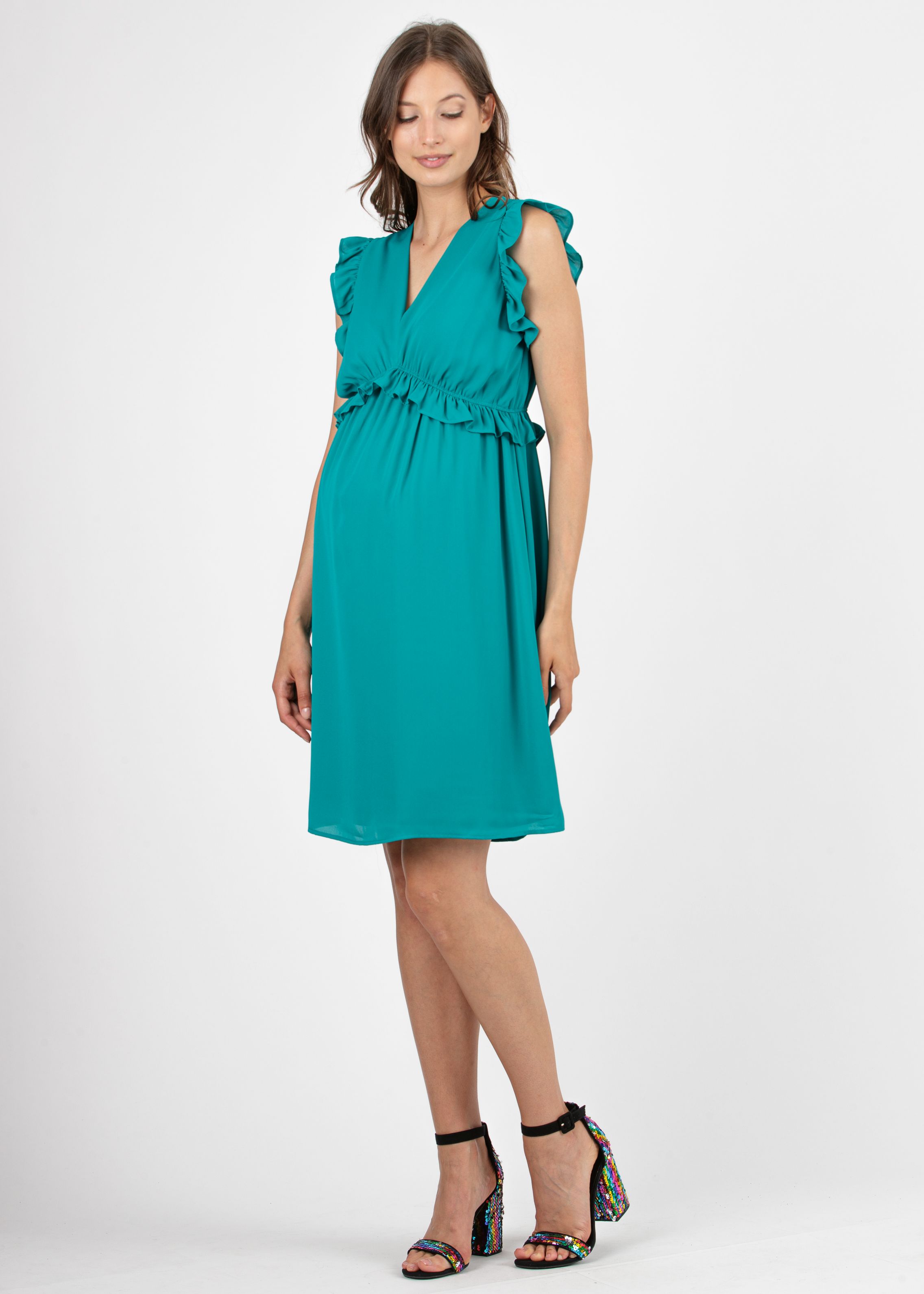 Maternity Dress in Chiffon with Ruffle Trims (Melange Green, XS)