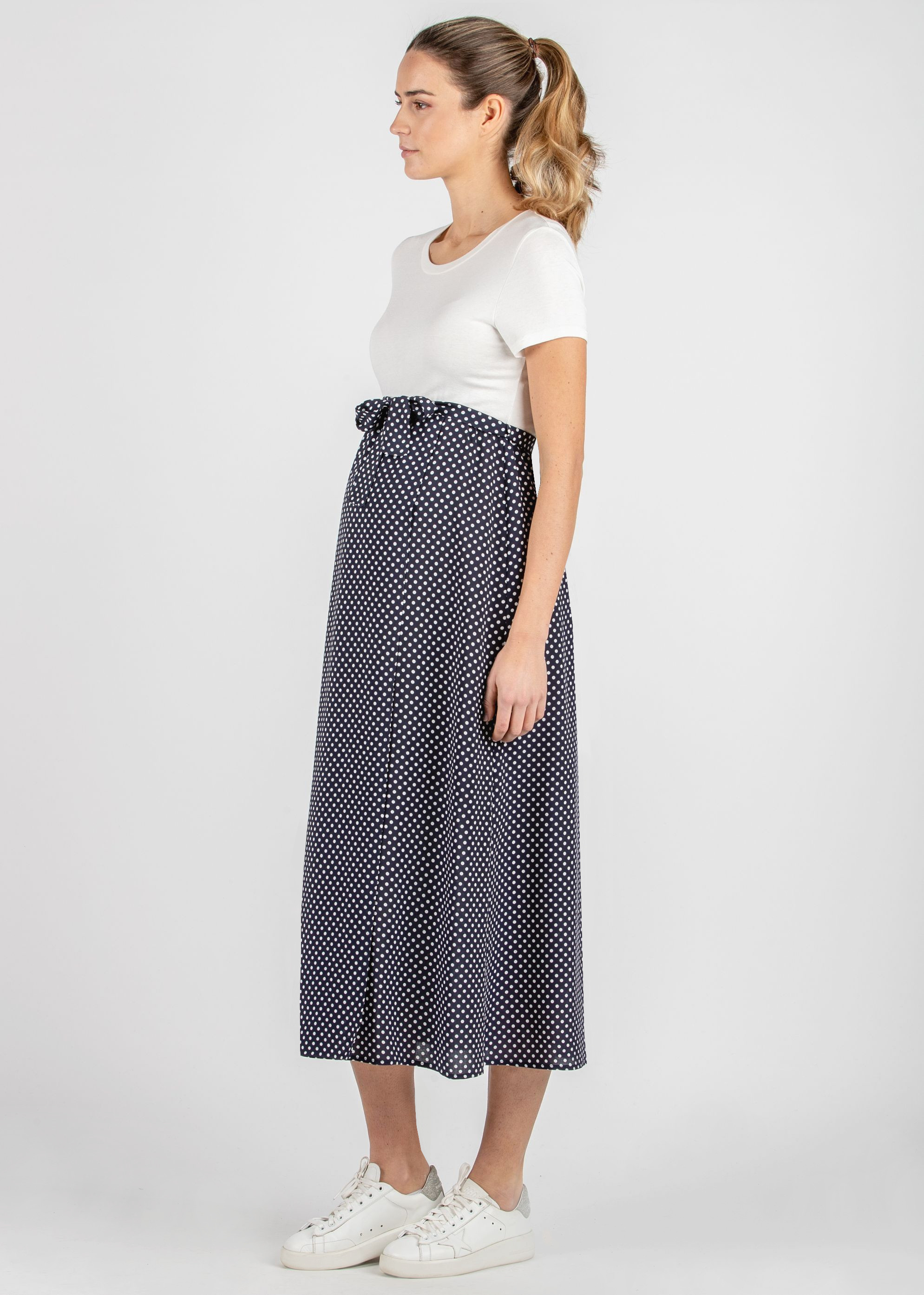 Abito Midi Premaman con Gonna a Pois a Portafoglio (Blu)