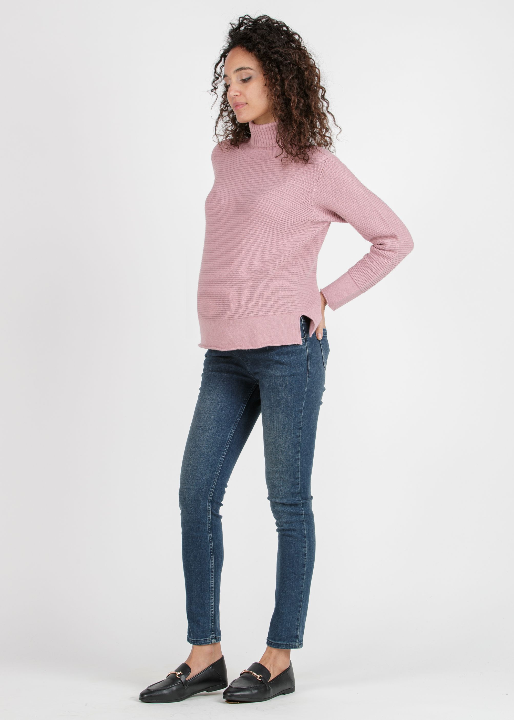 MARIANNA - Maglioncino Premaman in Filato Misto Viscosa-Lana con Collo Alto (Rosa Confetto, S)