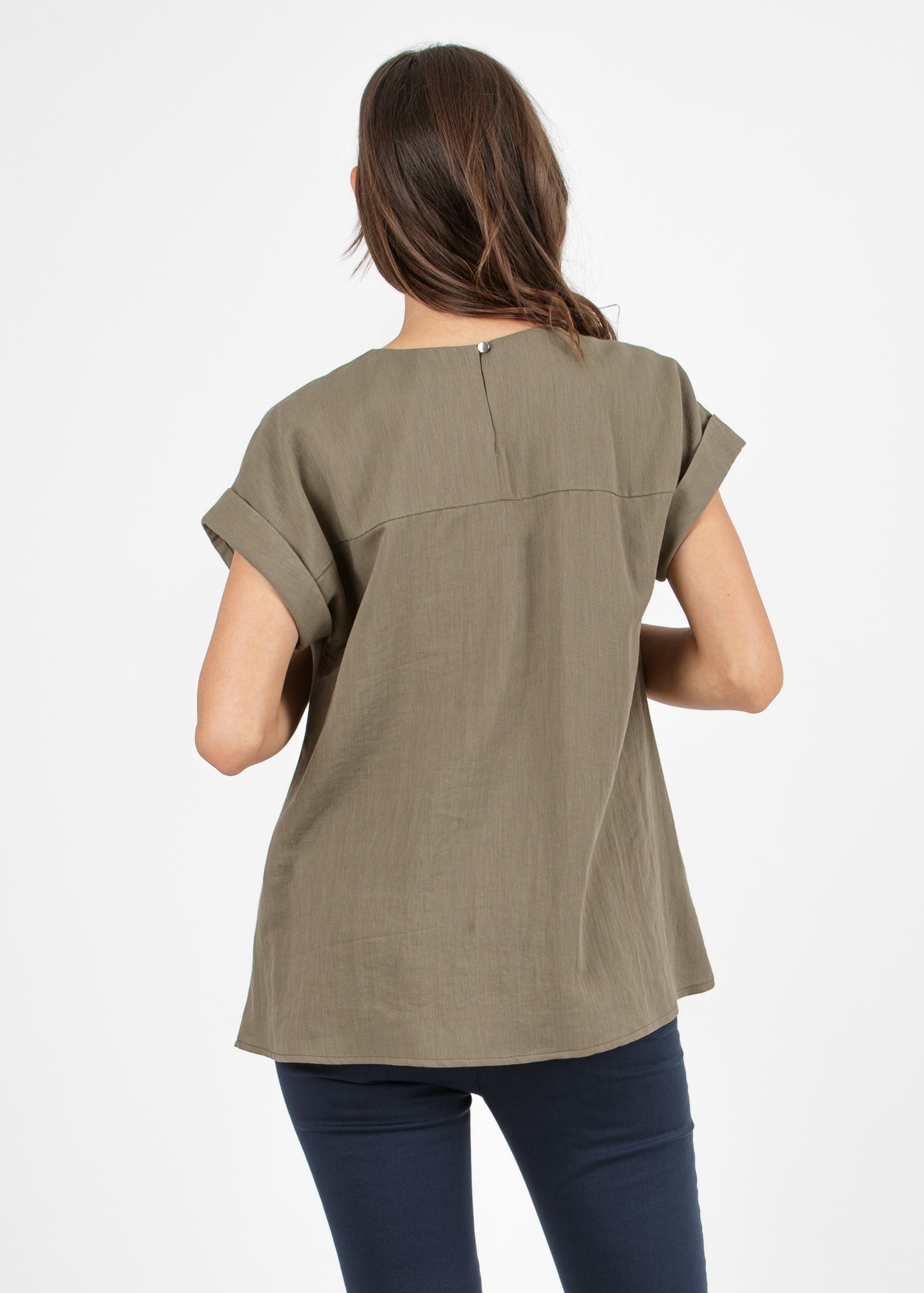 Camicetta Premaman in Tencel con Girocollo Arricciato e Manica con Risvolto (Verde Militare, XS)