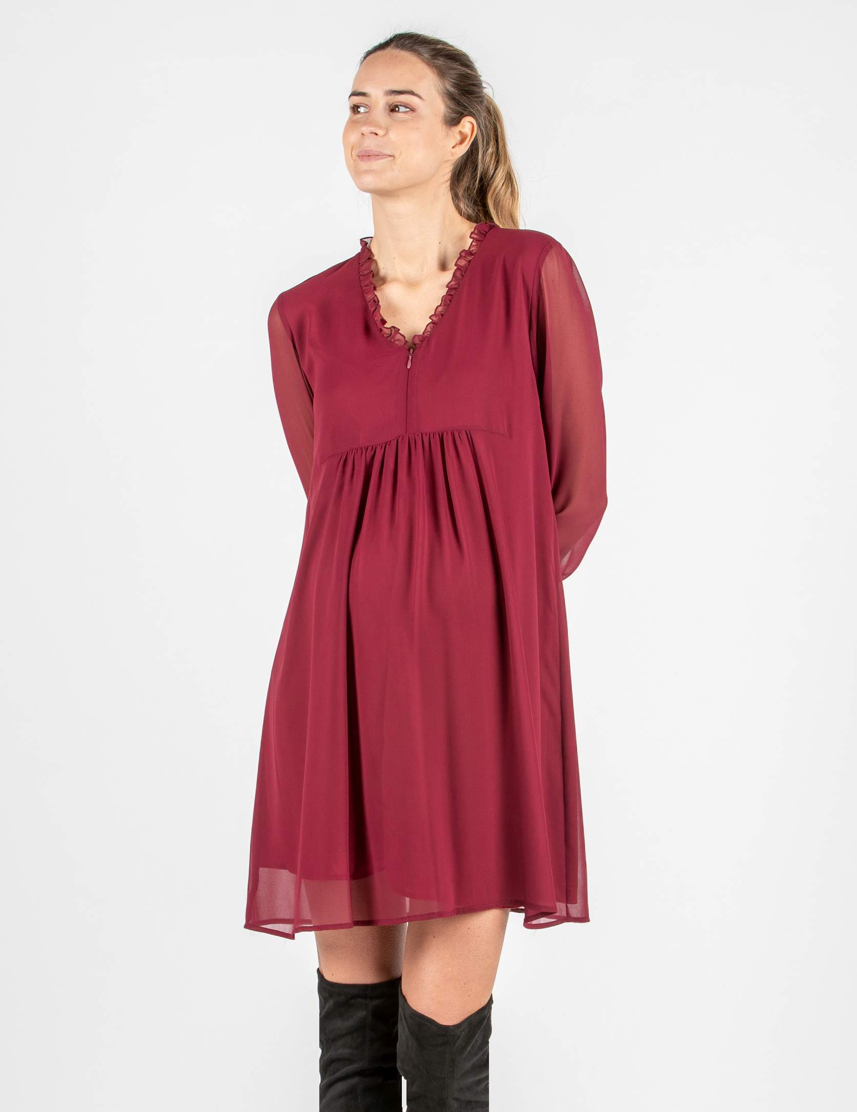 DIANA - Chiffon Maternity & Nursing Dress with Ruffle Trims on the Neck (Plum, XS)