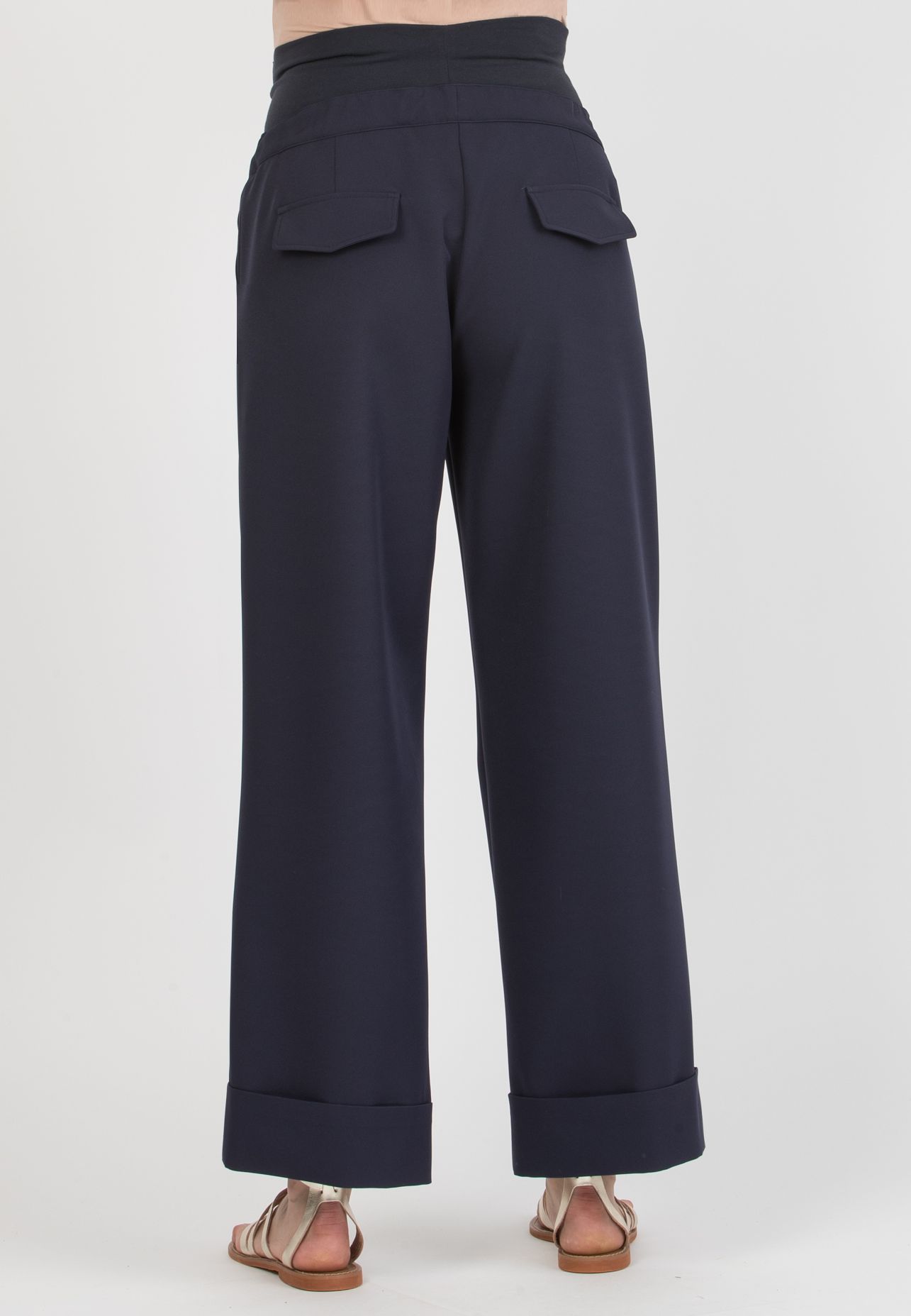 ROBY – Maternity Palazzo Trousers in Cady with Turn-Up Hem (Blu)