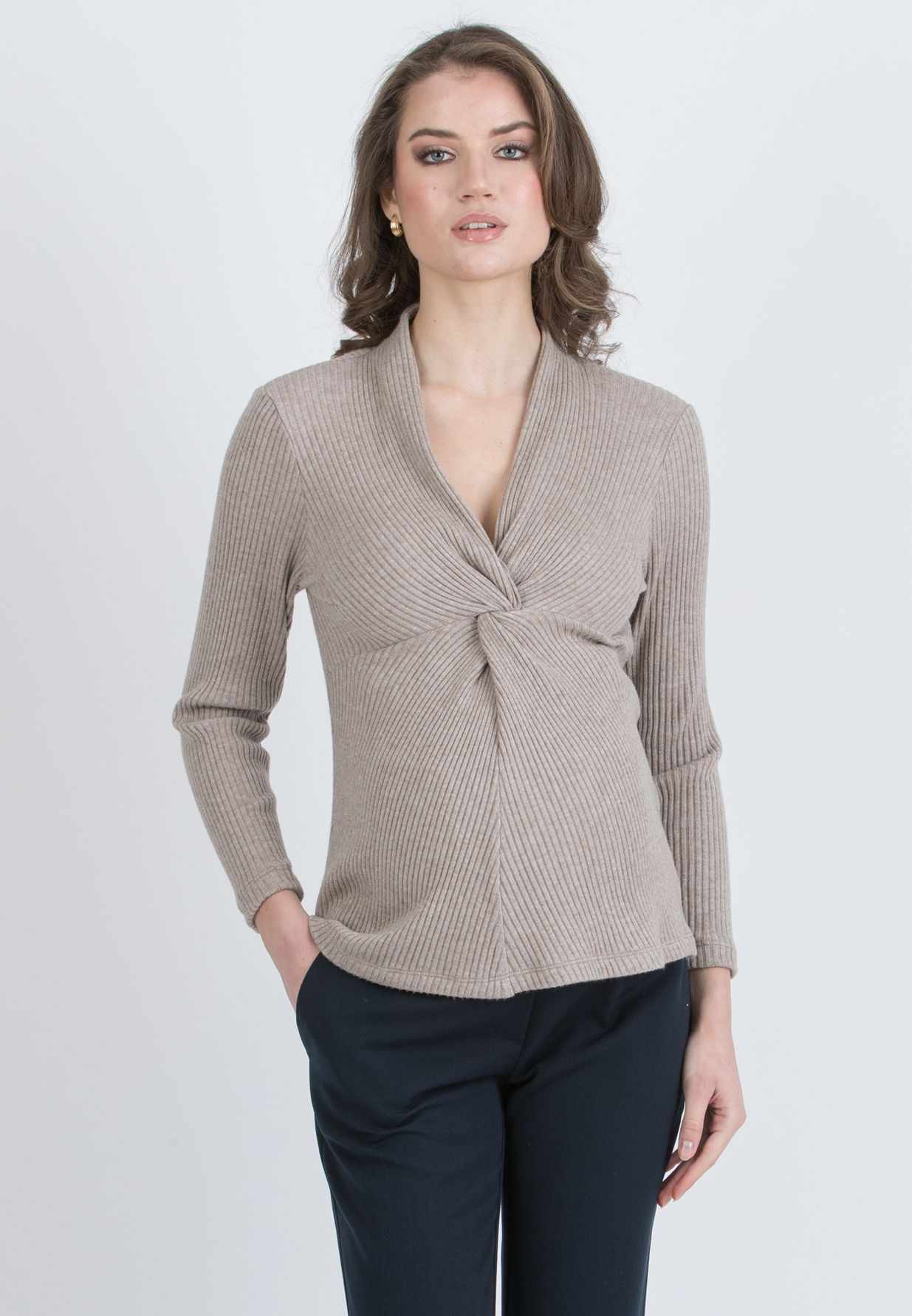 ISSA M – Maternity & Nursing Ribbed Knit Top with Knot Detail (Melange Brown, XS)