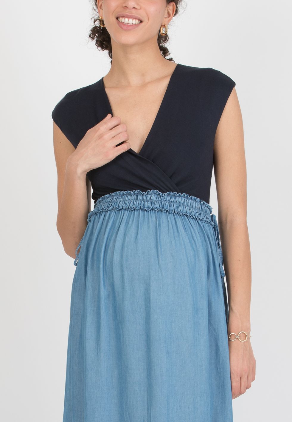 GAIA J - Abito Lungo Premaman & Allattamento in Tencel con Fascia di Elastici (Denim)