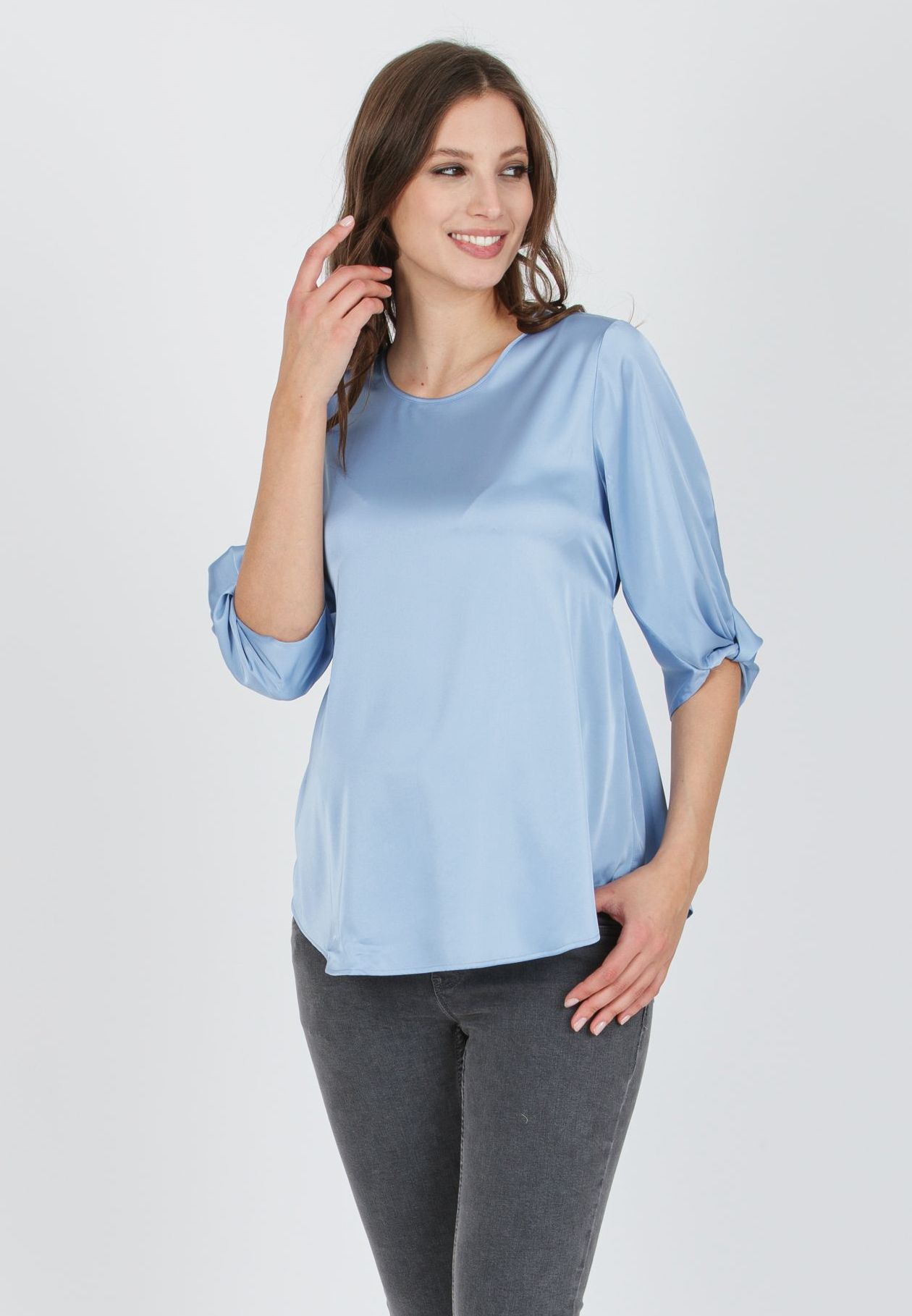 SYDNEY - Blusa Premaman in Raso con Nodo sul Fondo della Manica (Azzurro)